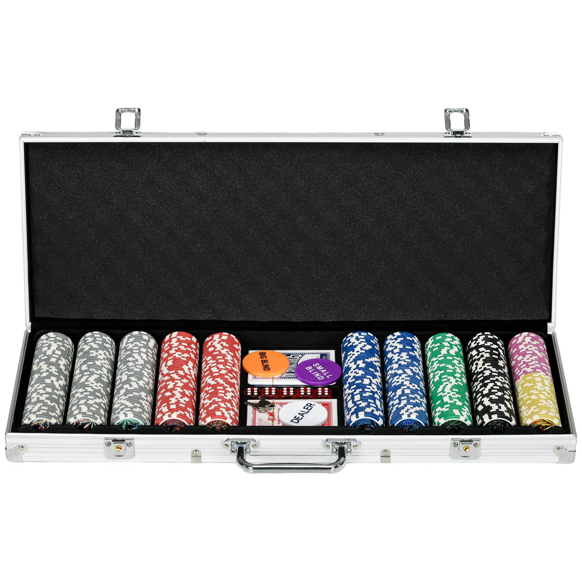 SPORTNOW 500-Piece Poker Chips Set with Aluminium Case, Holdem Poker Set with Mat, 11.5g Numbered Poker Chips, Two Decks of Cards, Dealer, Five Dices