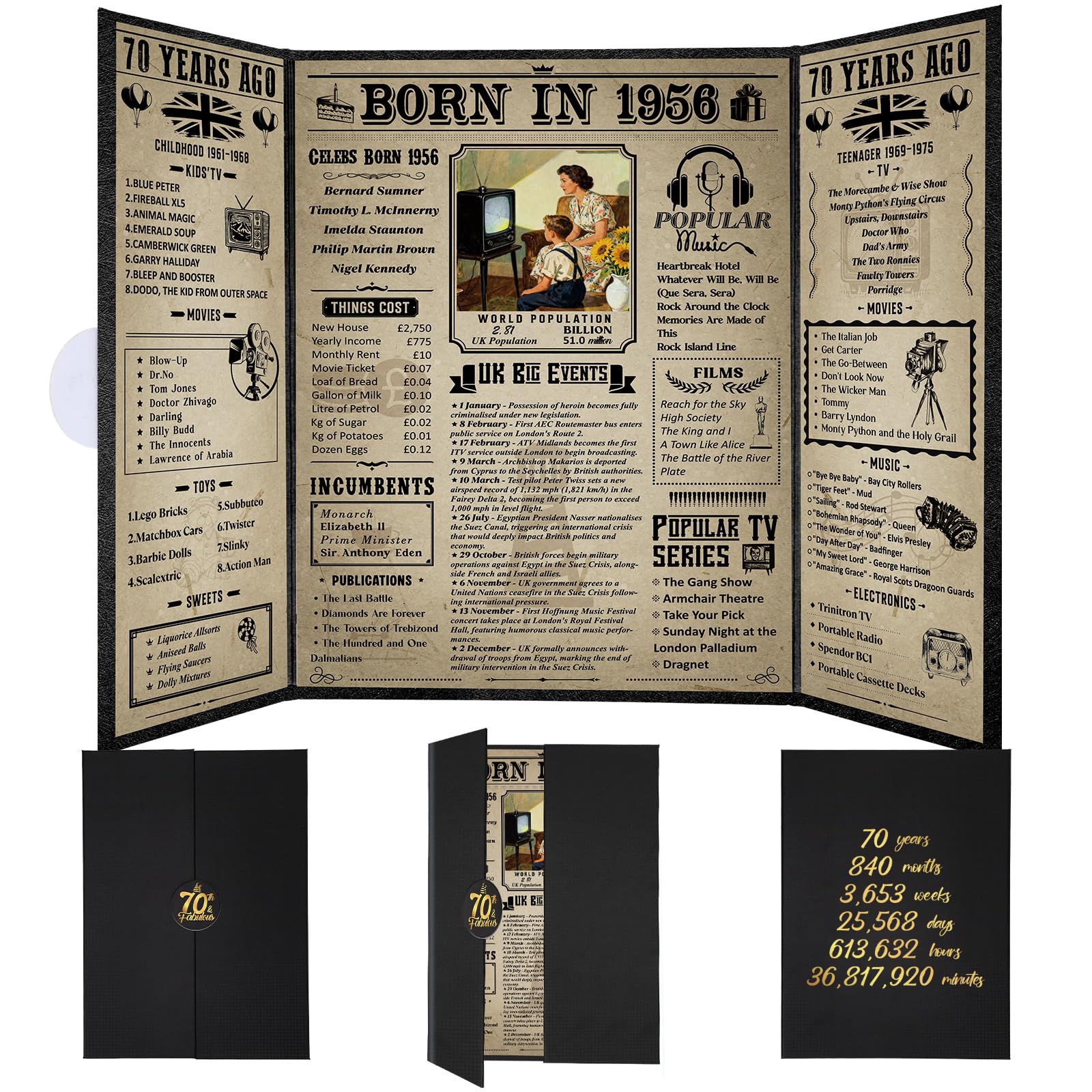 Thboxes Born In 1956 UK Birthday Poster,70th Birthday Gifts for Men Women Vintage Foldable Born In 1956 Newspaper, Happy 70th Decorations Supplies for 70 Years Old Grandpa, Grandma, Dad, Mom, Friends