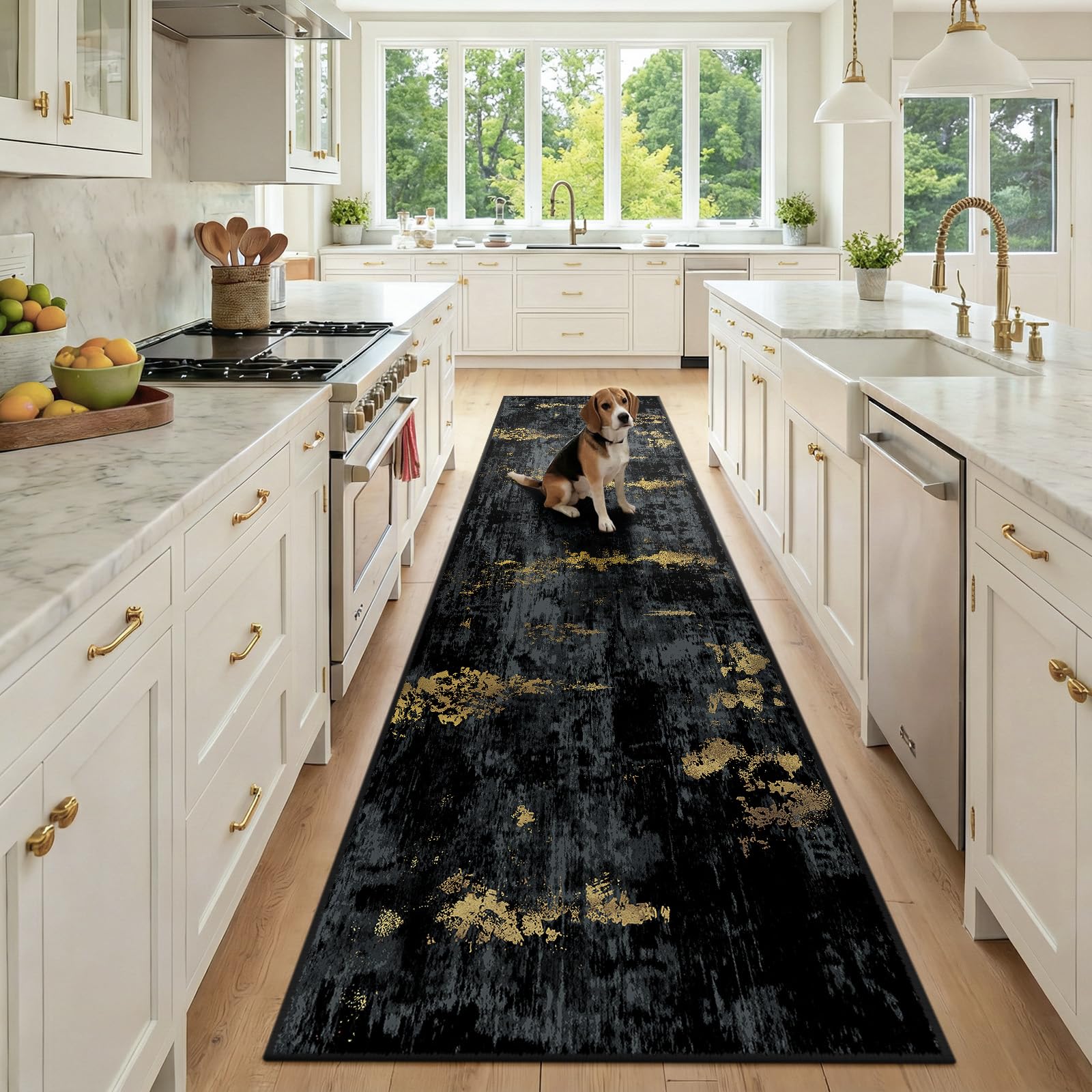 Photo 1 of RELEANY Washable Area Rugs 2'6"x10 Non-Slip Modern Abstract Soft for Living Room Entryway Bedroom Kitchen, Print Pattern, Dark Black Gold