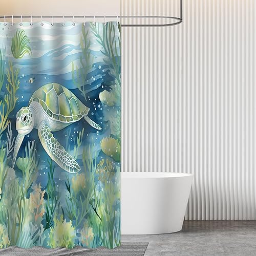 Miniatura 6 de Cortina de ducha de tortuga marina, cortina de baño azul y verde azulado océano, peces bajo el agua, conchas marinas, planta acuática, juego de