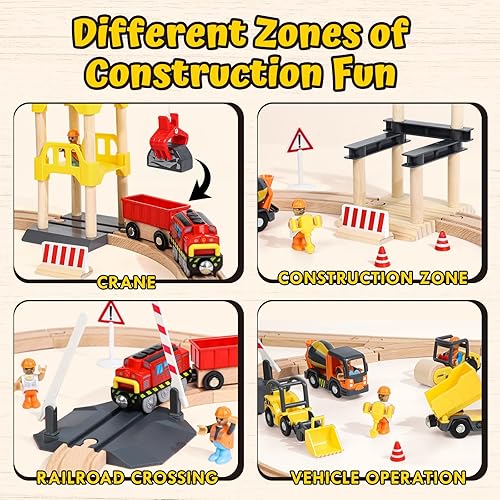 Miniatura 6 de Lehoo Castle Juego de tren de madera, juguetes de construcción para niños de 2 a 4 años, pista de tren de madera para niños con grúa, juguetes de