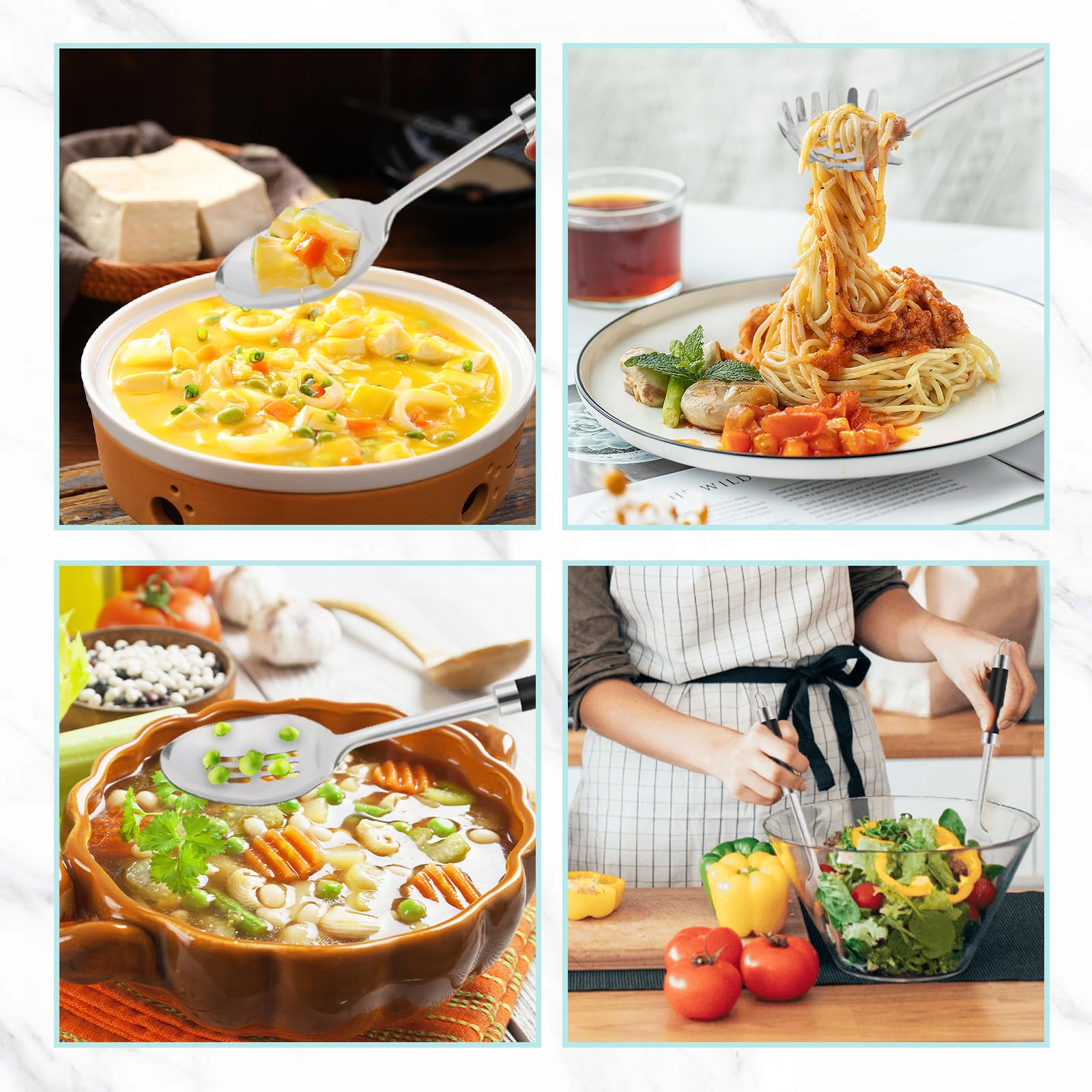 3-częściowy zestaw łyżek do serwowania ze stali nierdzewnej z łyżką cedzakową, łyżką do serwowania i łyżką do spaghetti, zestaw przyborów kuchennych do gotowania, łyżka do gotowania.