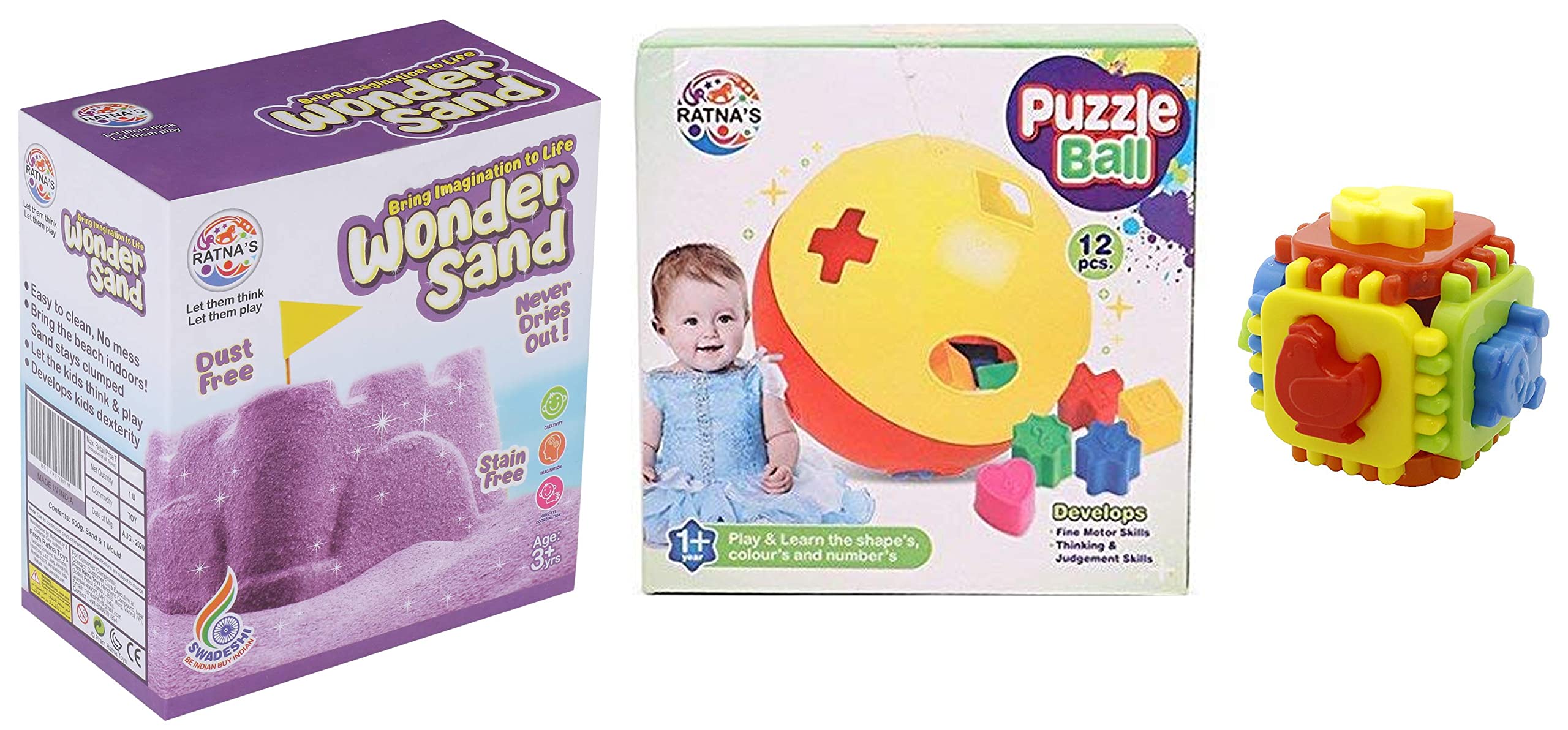 RATNA'S Wonder Sand 500 Grams for Play. Smooth Sand (Green 500 Grams) Educational Puzzle Ball 2 in 1 Educational Nursery Cube 6 Wildlife Animal Moulds with Interlocking Cube