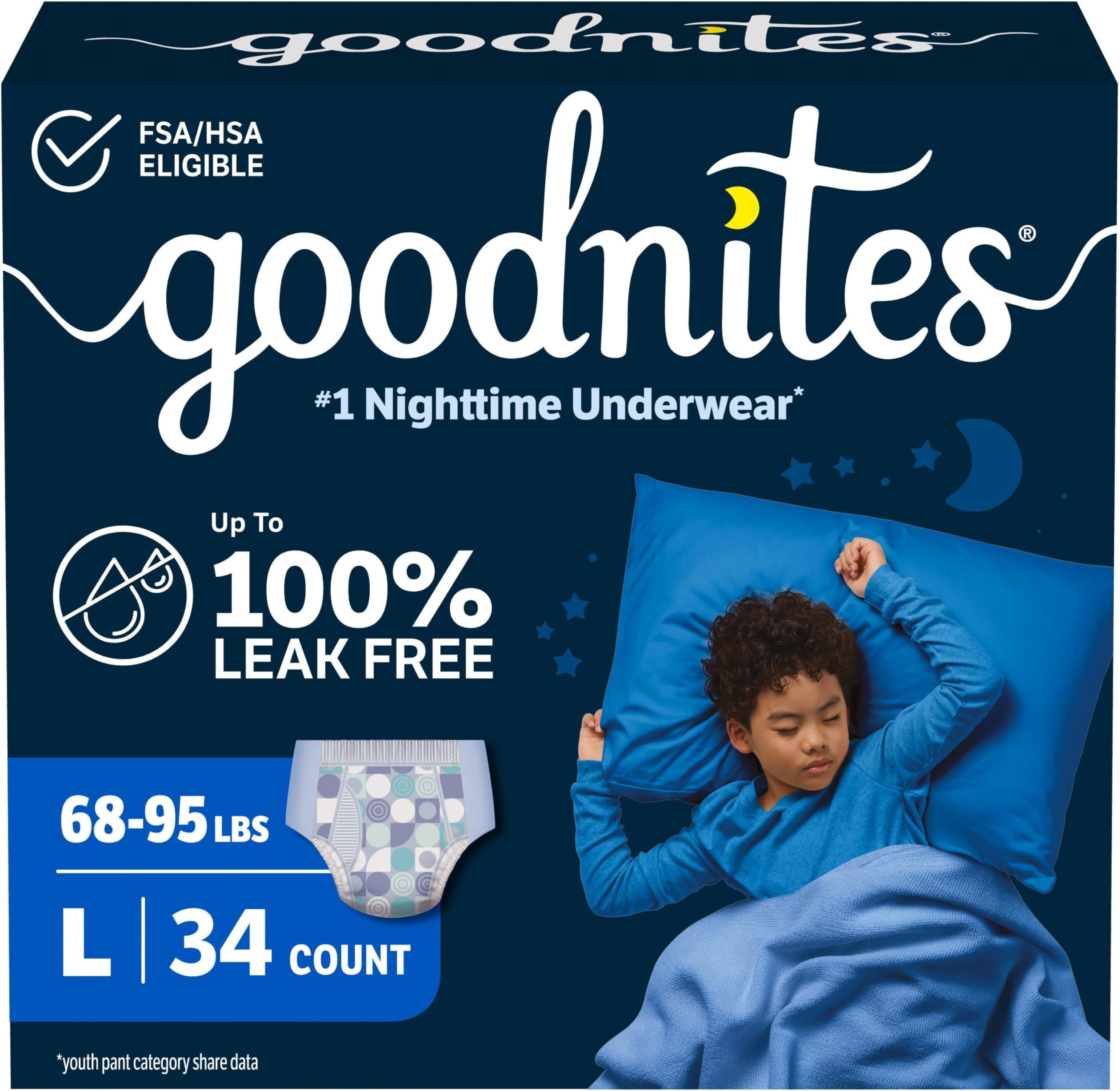 Nighttime Bedwetting Underwear, Boys' L (68-95 lb.), 34ct, FSA/HSA-Eligible