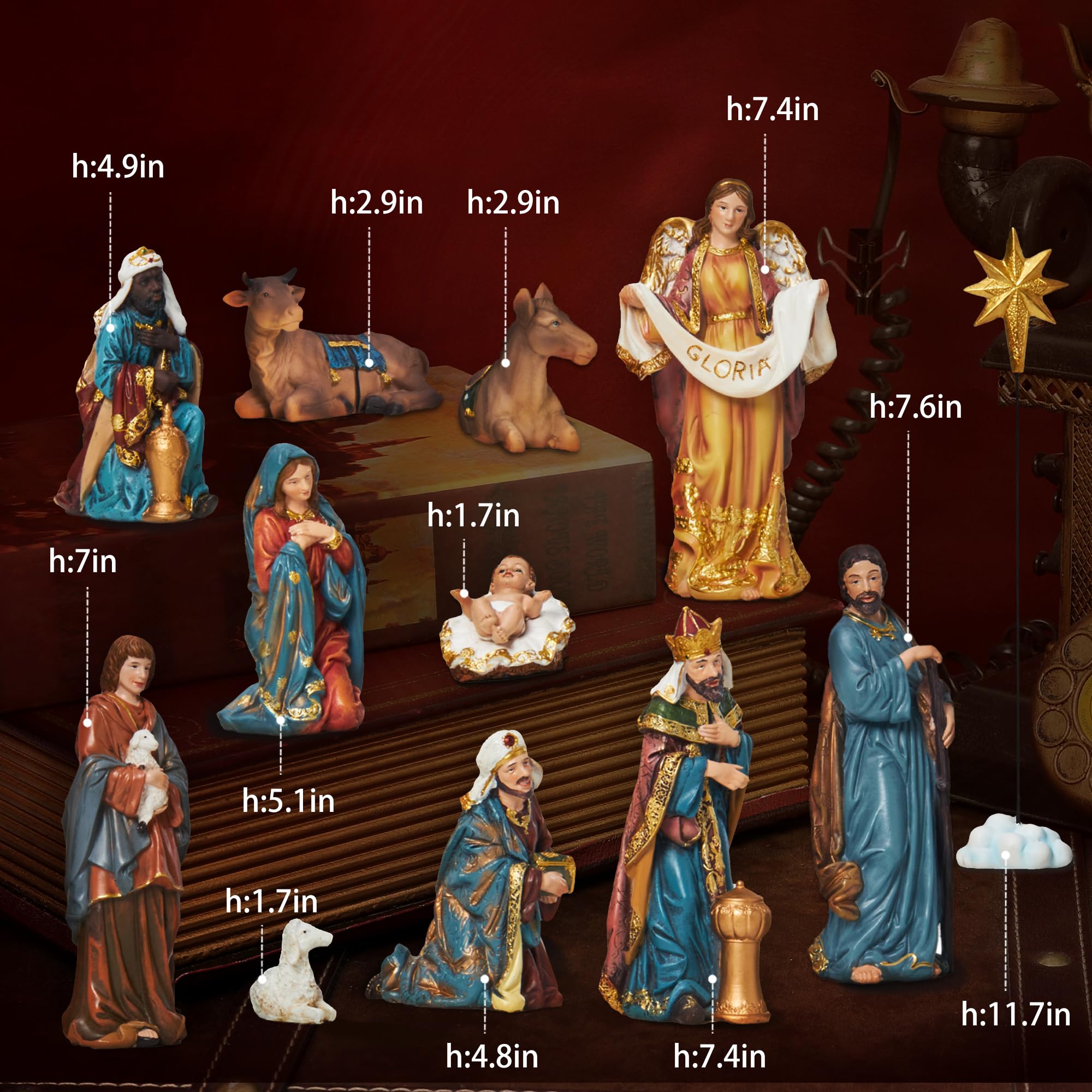 Juegoal Set Presepe Natalizio 13 Pezzi In Resina | Miniature Sacra Famiglia Con Stella | Decorazioni Tavolo Fai Da Te