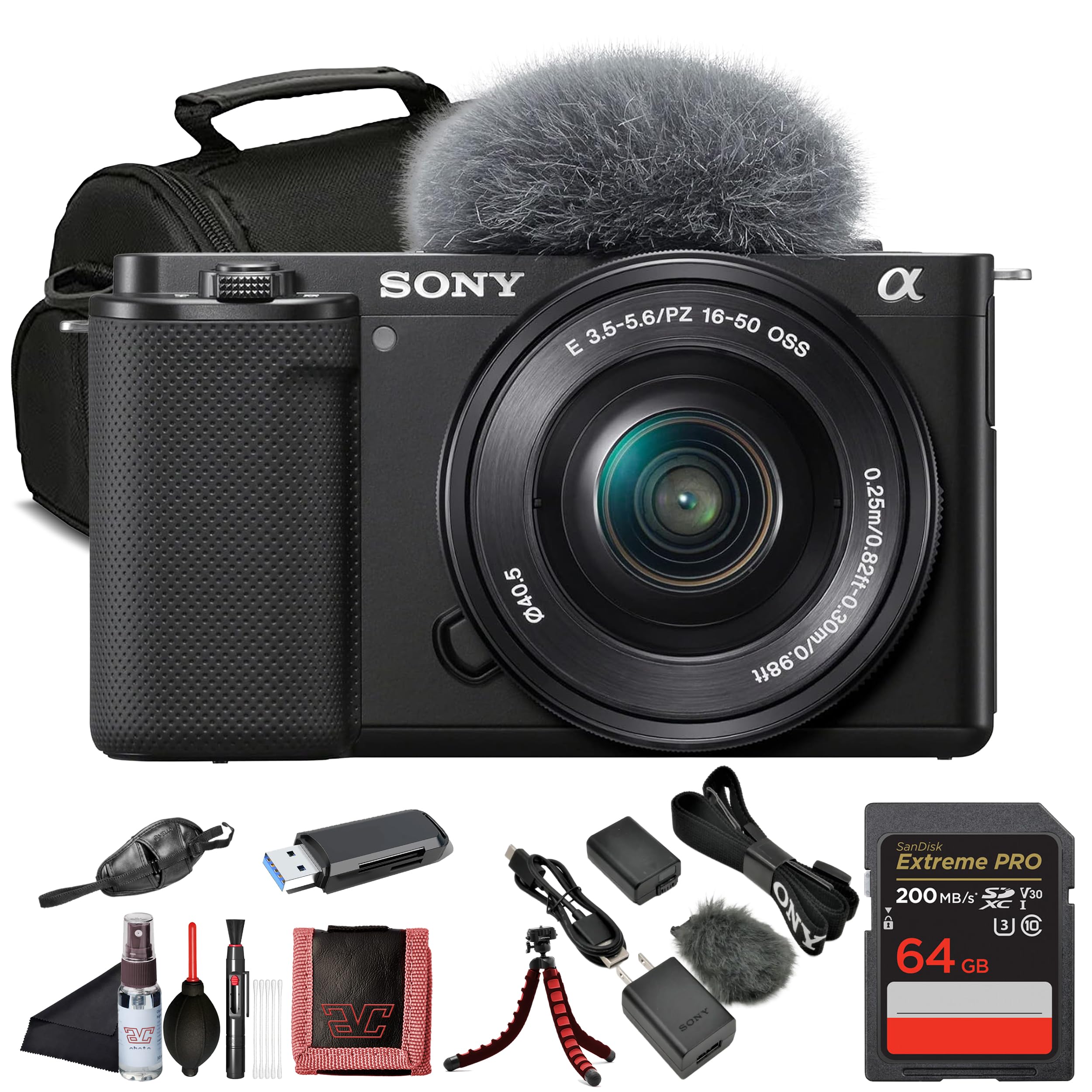 Sony ZV-E10 Mirrorless Camera Black with 16-50mm Power Zoom Lens (ILCZV-E10L) – 24.2 MP APS-C Sensor, 4K Video, Vari-Angle Screen w/ 64GB Memory Card, Bag, Card Reader and More