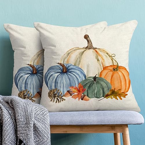Miniatura 231 de Juego de 2 fundas de almohada de otoño de 18 x 18 pulgadas, hojas de arce de calabaza y búfalo a cuadros, decoración de otoño, de lino, Acción