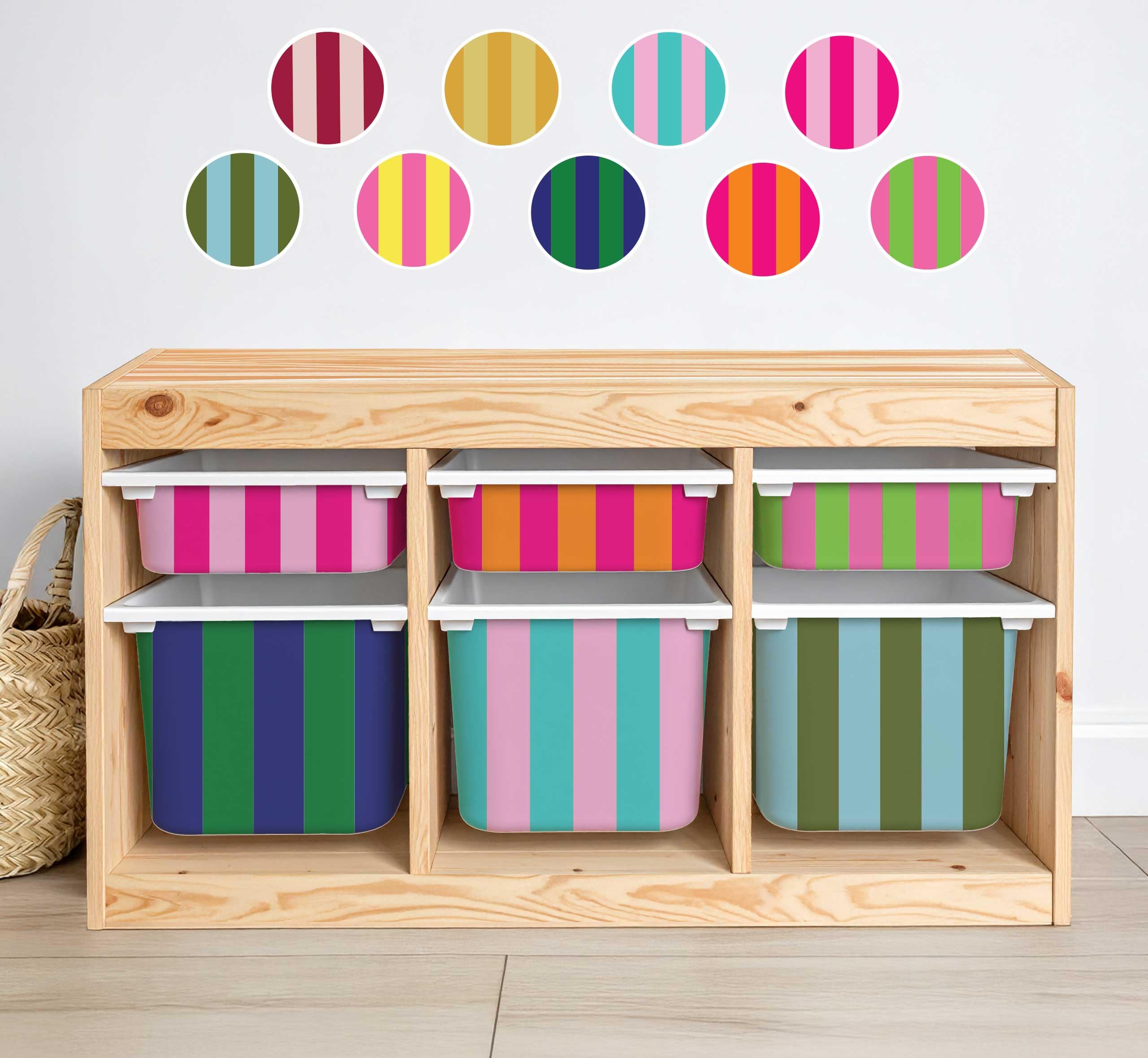 Vinyl Storage Stickers Suitable for for IKEA Bins, Striped Decals, Kids Room Organisation, Nursery Furniture, Peel and Stick (Yellow & Pink, Medium Box Sticker)