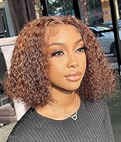 Vista 1 de BLY Pelucas de cabello humano con reflejos sin pegamento Wear and Go, encaje frontal, estilo Bob, ondulado profundo #4/27, pelucas de color ombré