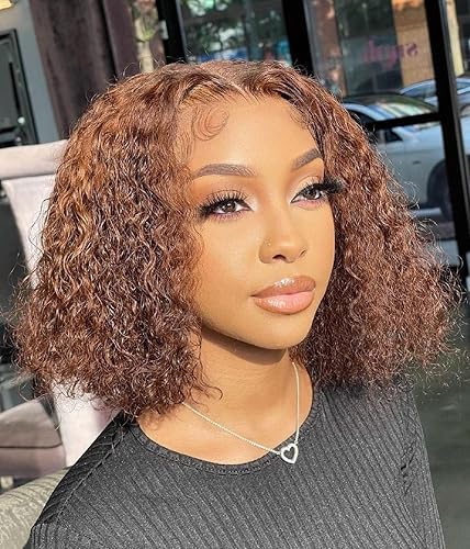 BLY Pelucas de cabello humano con reflejos sin pegamento Wear and Go, encaje frontal, estilo Bob, ondulado profundo #4/27, pelucas de color ombré