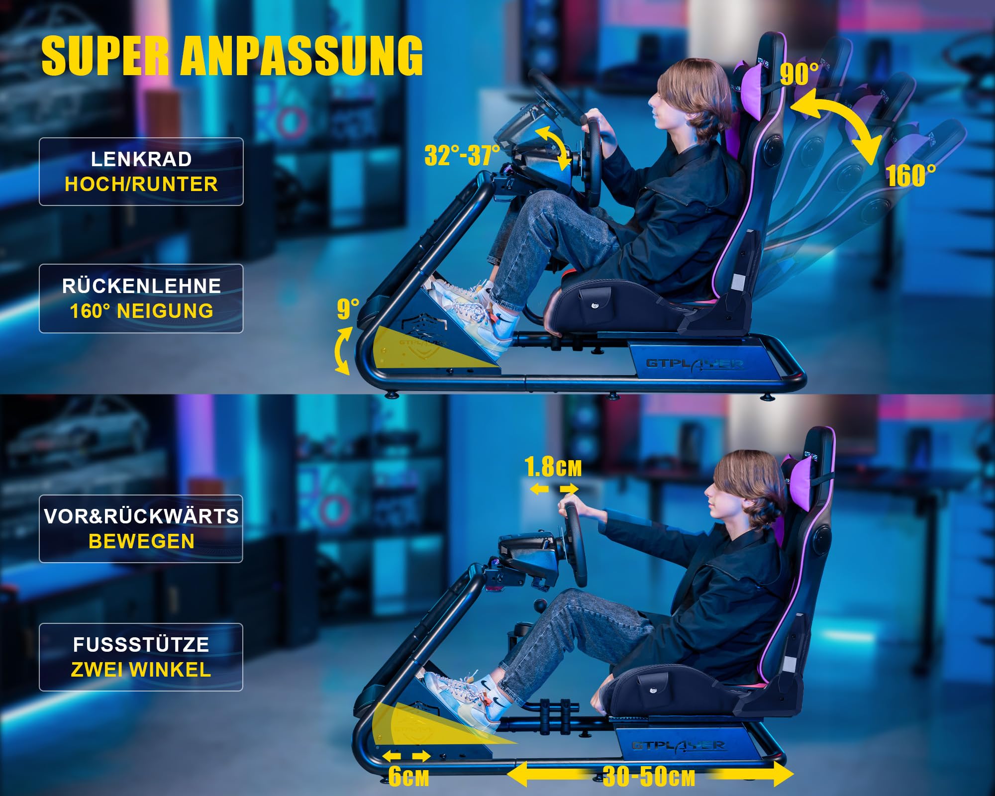 GTPLAYER Simulator Cockpit SIM Racing rennsimulator Lenkradständer Lautsprechern Lenkrad Pedalablage Lila