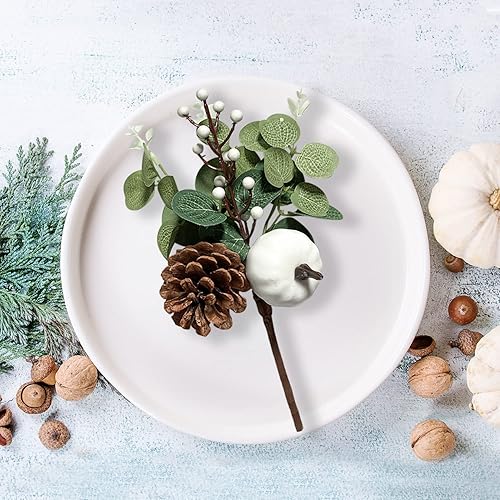 Miniatura 6 de 12 tallos de vegetación de hojas artificiales de eucalipto con piñas de calabaza blancas para decoración de mesa de boda, otoño, día de Acción de