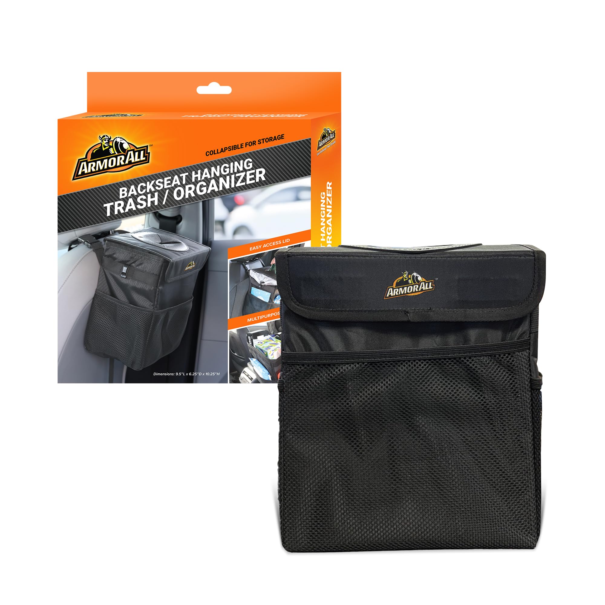 Armor All Car Trash Can & Organizer, 2.63 Gallon Waterproof Covered Garbage Bin, 3 Mesh Pockets, Collapsible for Easy Storage, Adjustable Strap & Hook