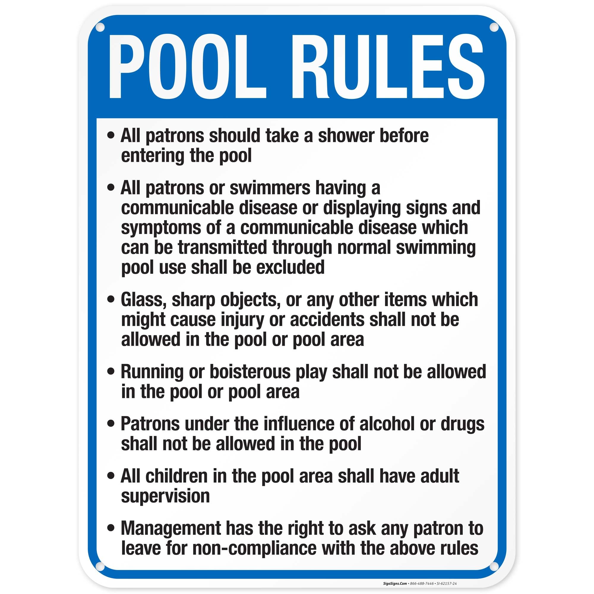 Sigo Signs - Tennessee Pool Rules Sign, Complies with State of Tennessee Pool Safety Code, 18x24 Inches, 55 mil Thick (high Density polystyrene), Made in USA-image-31