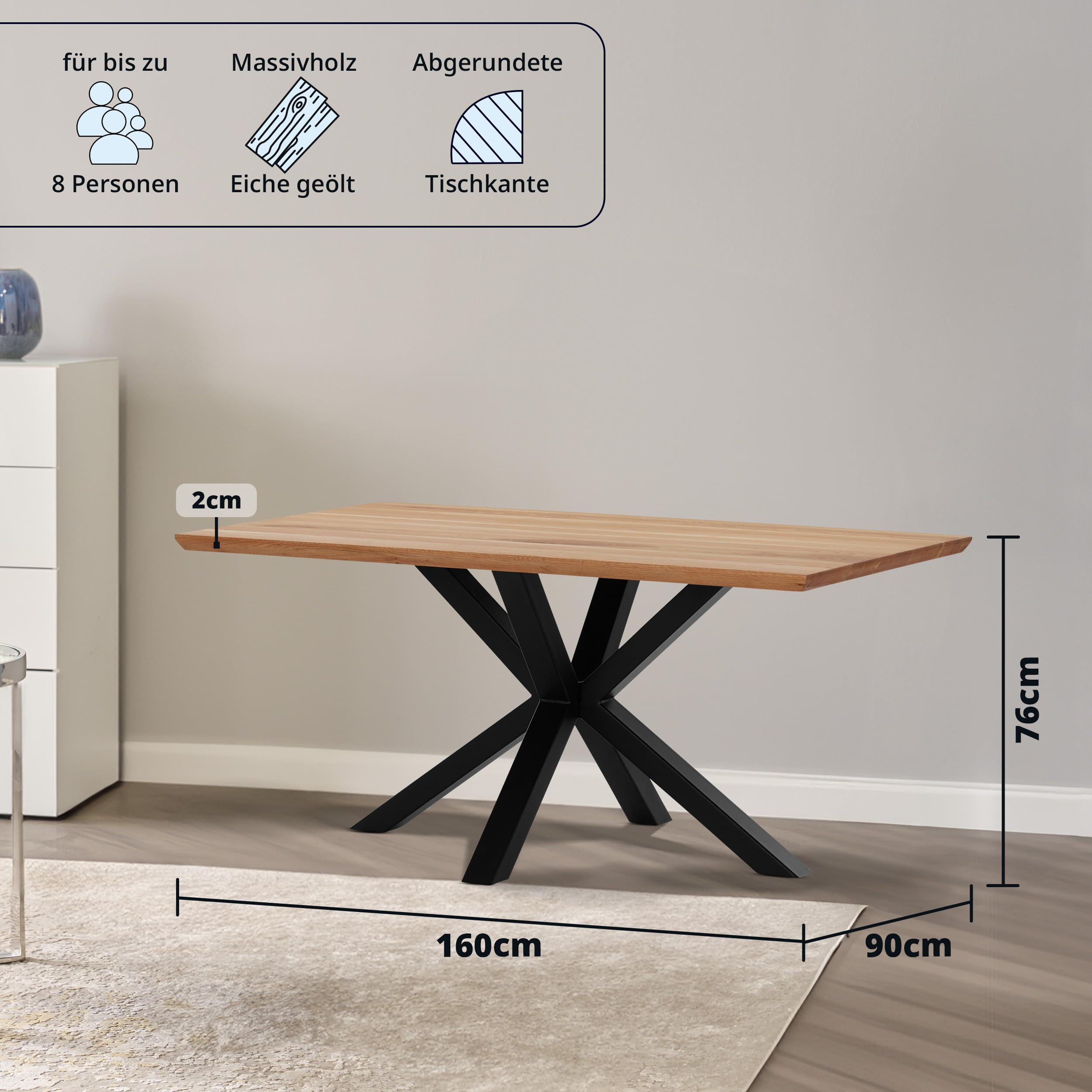 KHG Esstisch 160 x 90 cm Küchentisch aus massiver Eiche geölt - Schweizer Kante, Sterngestell Metall schwarz, Industrial Design, Tisch für 6-8 Personen, belastbar bis 50 kg