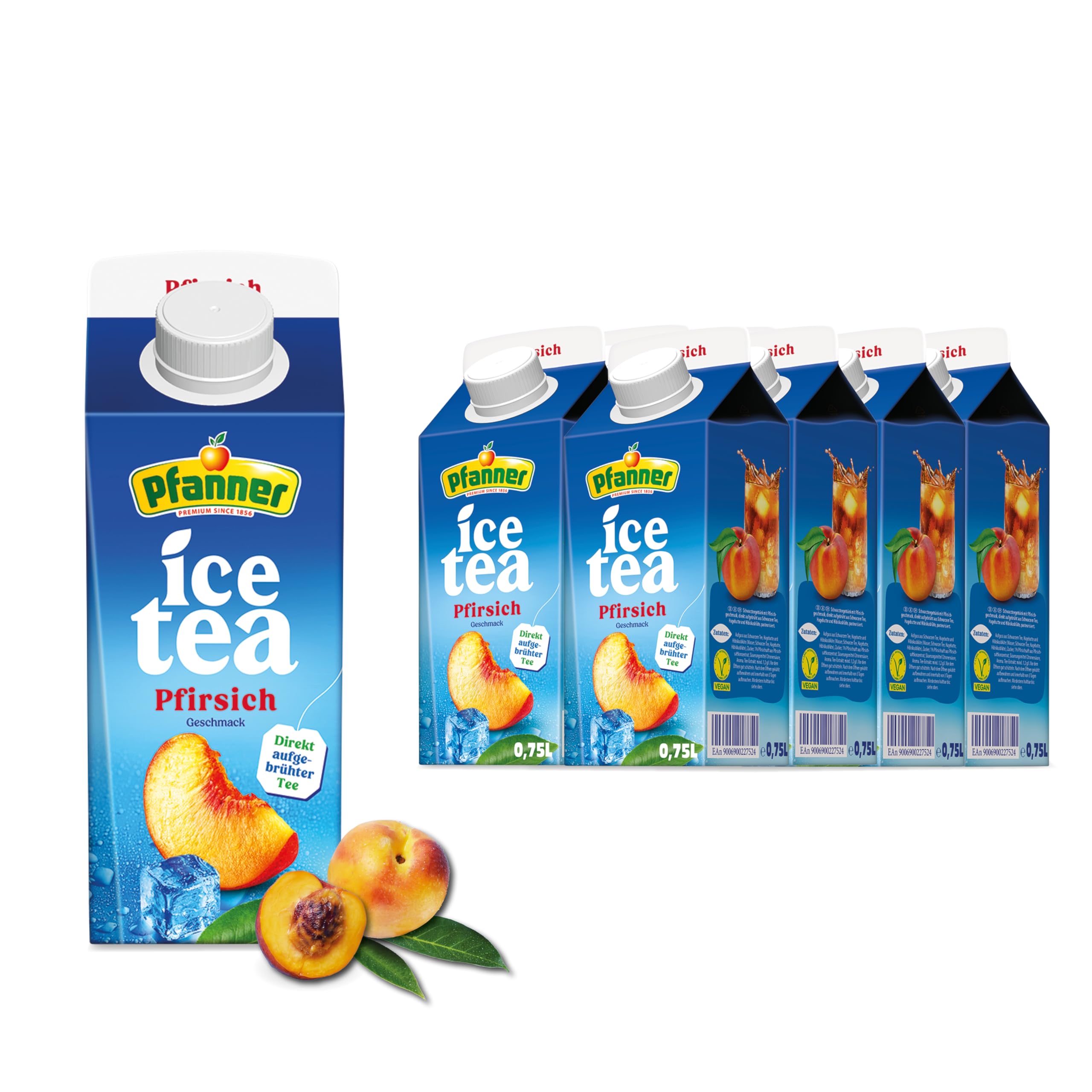 Pfanner Eistee Pfirsich im Vorratspack – Direkt aufgebrühter Schwarztee mit Pfirsichsaft in nachhaltiger to go Verpackung (8 x 750 ml)