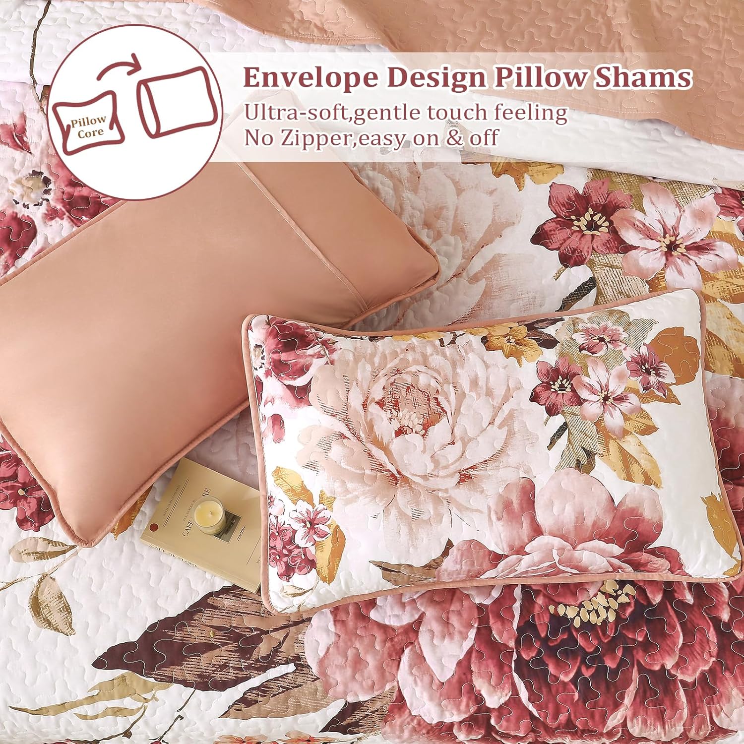 WONGS BEDDING Blush Floral Quilt Set Queen, Elegant Flower Bedspread Coverlet Set for All Season, 3 Pieces Farmhouse Soft Microfiber Reversible Pink Bedding Set with 2 Pillow Shams 96"X90" - Image 5