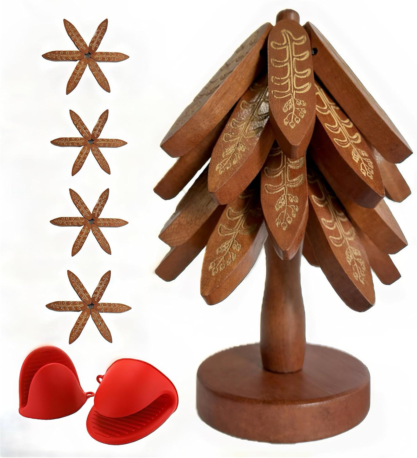 Wooden Trivets for Hot Dishes, Tree Shape Trivet Set, 4 Walnut Wood + 1 Stand stored Like a Christmas Tree,Foldable Kitchen Wooden Trivet,for Hot Dishes、Pot、Bowl、Teapot(Walnut Wood), Non-Slip Design