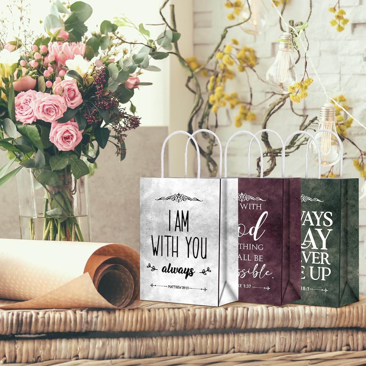 Skyygemm 60 Pcs Christian Gift Bags Bulk Religious Bible Verse Treat Bags with Handles Inspirational Scripture Church Gifts for Women Men Christian Valentine's Day Easter Church Party Favors - Image 3