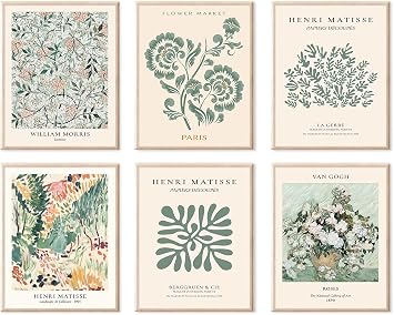 Sage Green Wall Art Decor, Abstract Matisse Wall Art Exhibition Posters, Minimalist Flower Market Wall Art Prints, Sage Green Room Decor8x10inch, Unframed
