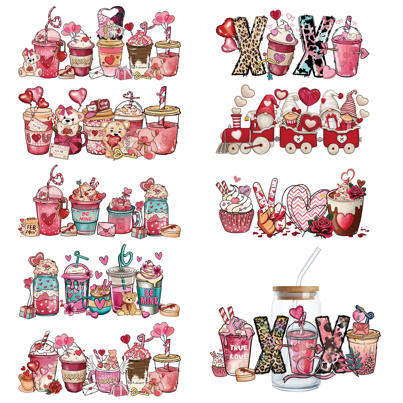 UV DTF Cup Wrap, 9Sheets Valentine's Day Rub on Transfers for Crafting UV DTF for 16OZ Libbey Glass Cups UV DTF Cup Wrap Transfer Cup Stickers Decals Waterproof Rub on Transfers for Crafts Vintage