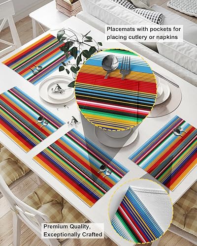 Miniatura 2 de Juego de 2 manteles individuales de mesa de rayas coloridas de México para mesa de comedor, manteles individuales de lino de algodón con bolsillo,