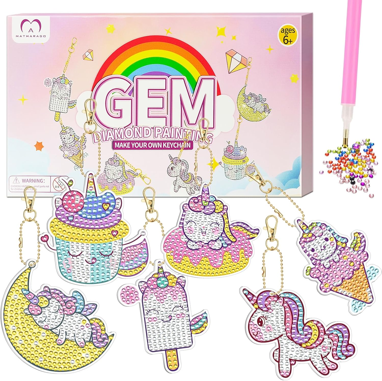 MATHARAGO Diamond Art for Kids 6 Pcs DIY Diamond Painting Unicorn Keyrings Set, Painting By Number Gem Keychains Craft Kits for Kids Ages 6-12, Gifts for Birthday, Back to School