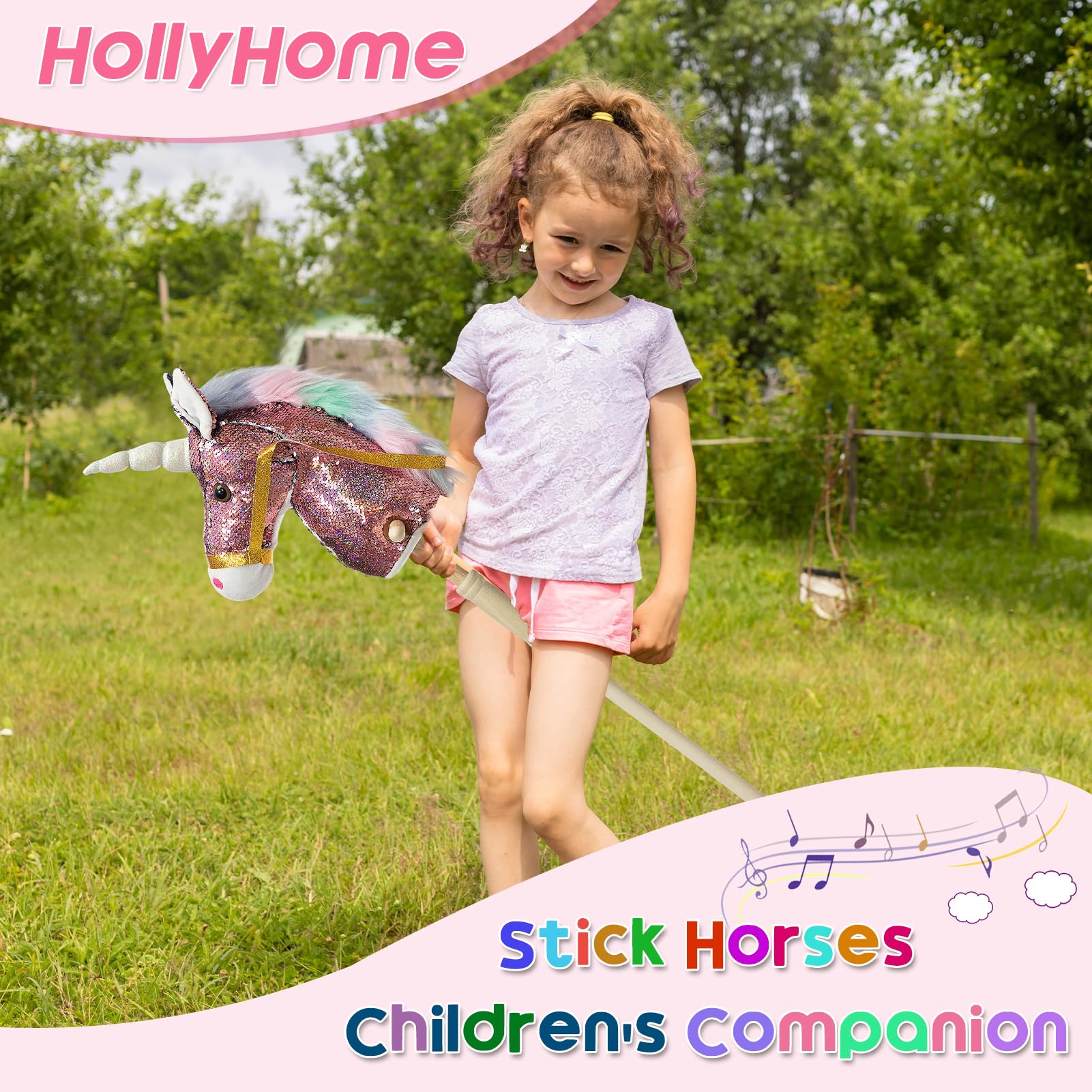 Caballo de unicornio de lentejuelas hecho a mano, caballo de pasatiempo en un palo con ruedas de madera, poni real, sonidos vecinos y galopantes, juguete de unicornio de peluche, color rosa, 3