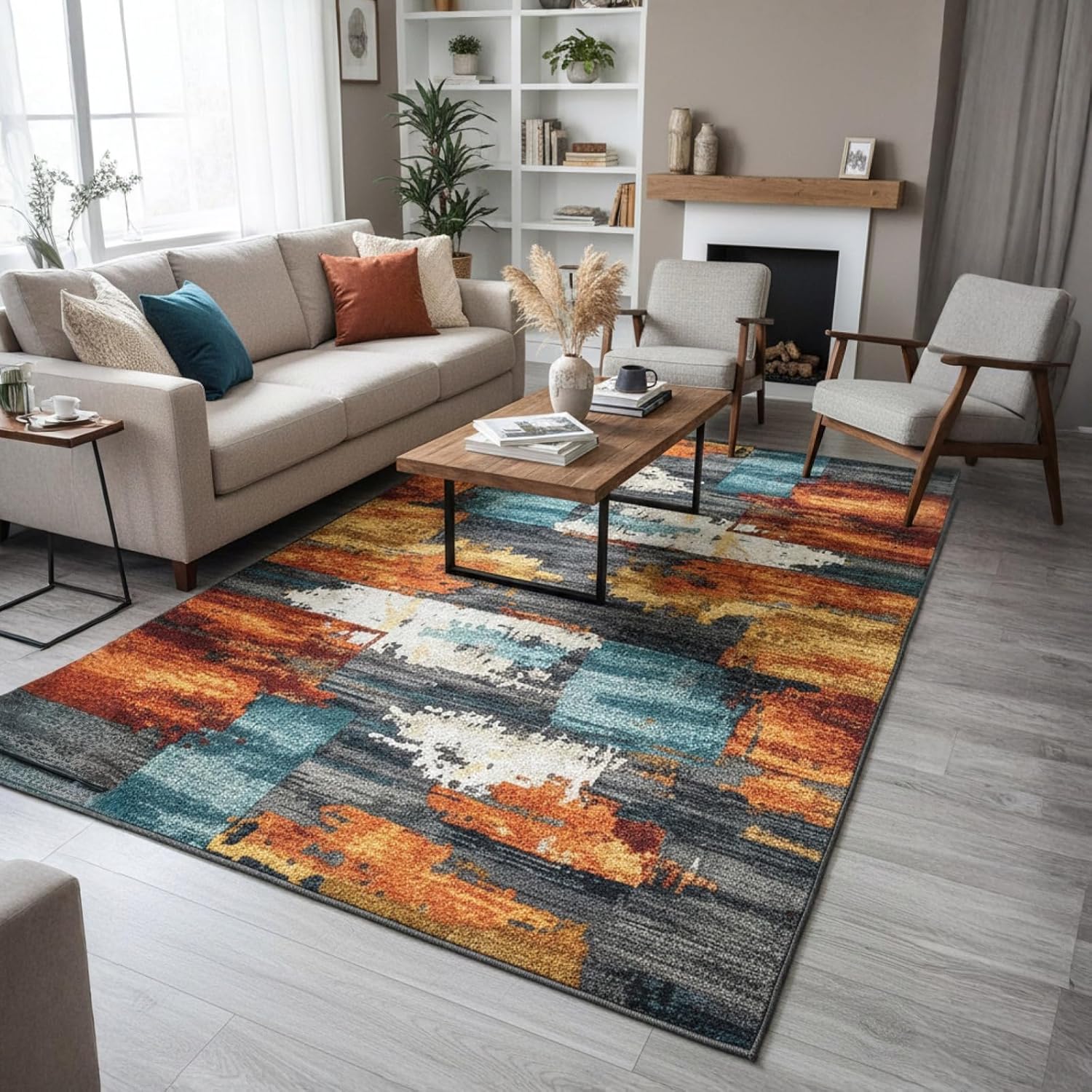 5x7 Area Rug for Living Room,Modern Abstract Burnt Orange Rug,Terracotta and Teal Brushstroke,Washable Rug,Non Slip, Bedroom, Dining Room, Home Office