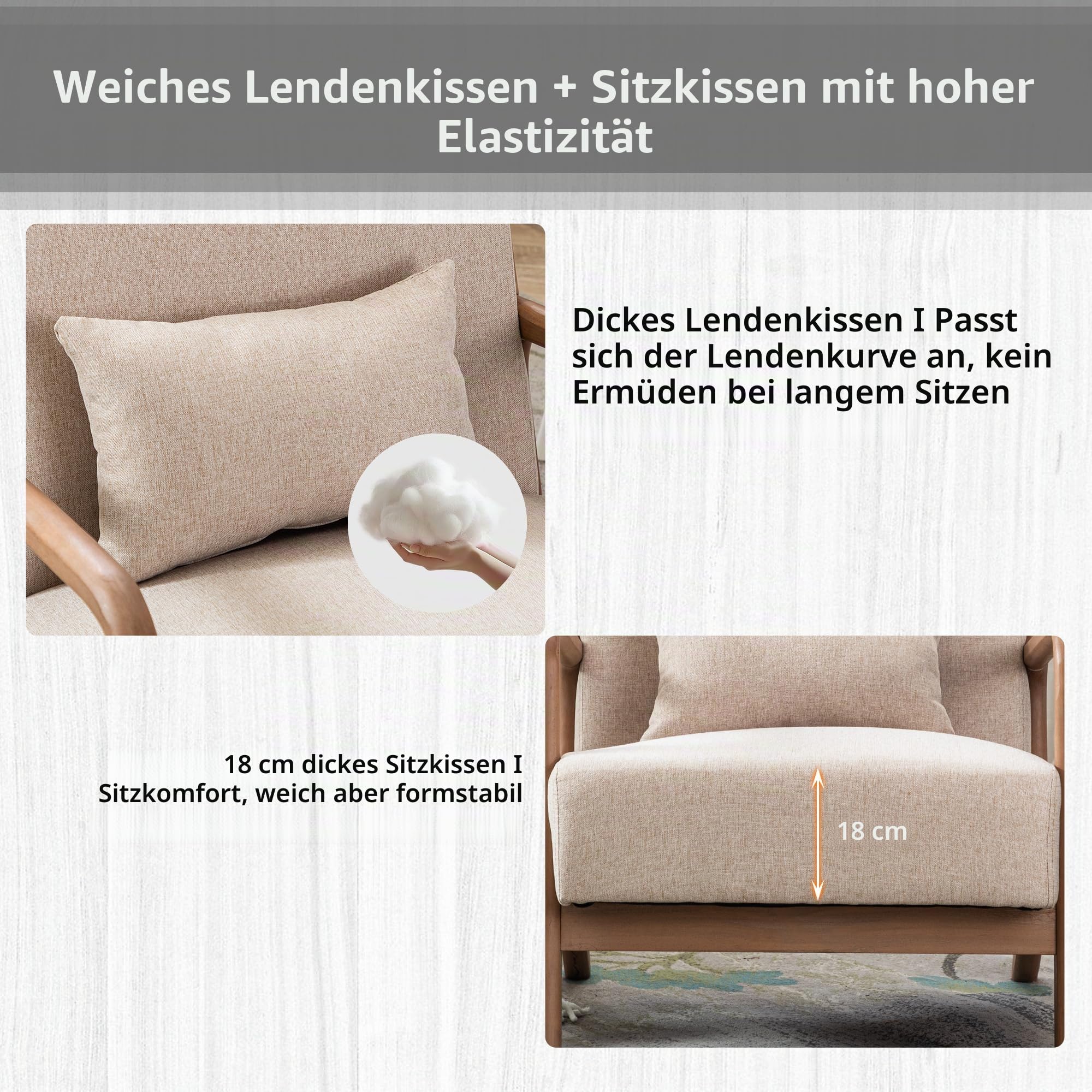 EBELLO Accent Sessel mit Kissen,Holzrahmen,gepolstert, Beige