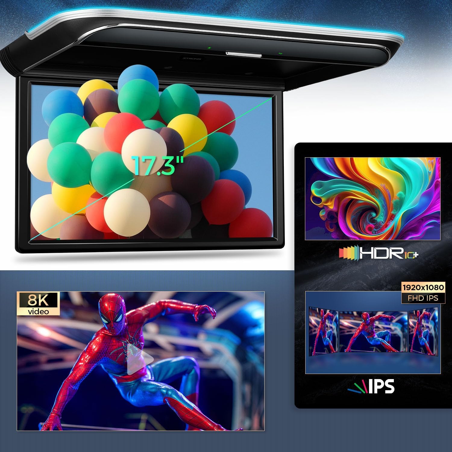 XTRONS CM179A screen displaying 17.3 inch size, HDR10+ technology, 8K video support, and 1920x1080 FHD IPS resolution.