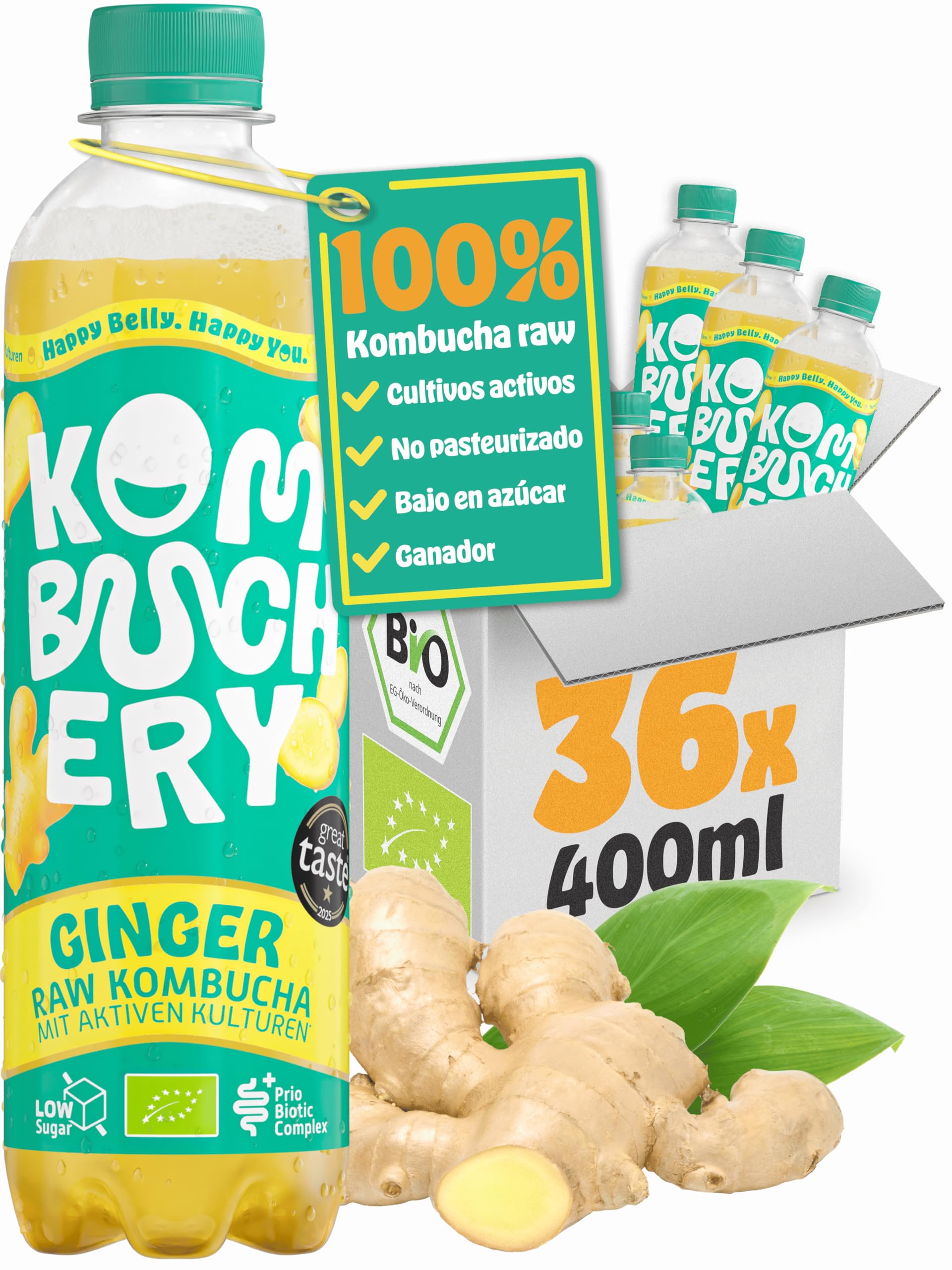 KOMBUCHERY® Kombucha de Jengibre Ecológico Crudo | 36 x 400 ml | Té fermentado con cultivos vivos | Bajo en azúcar y calorías | Sin pasteurizar, probiótico