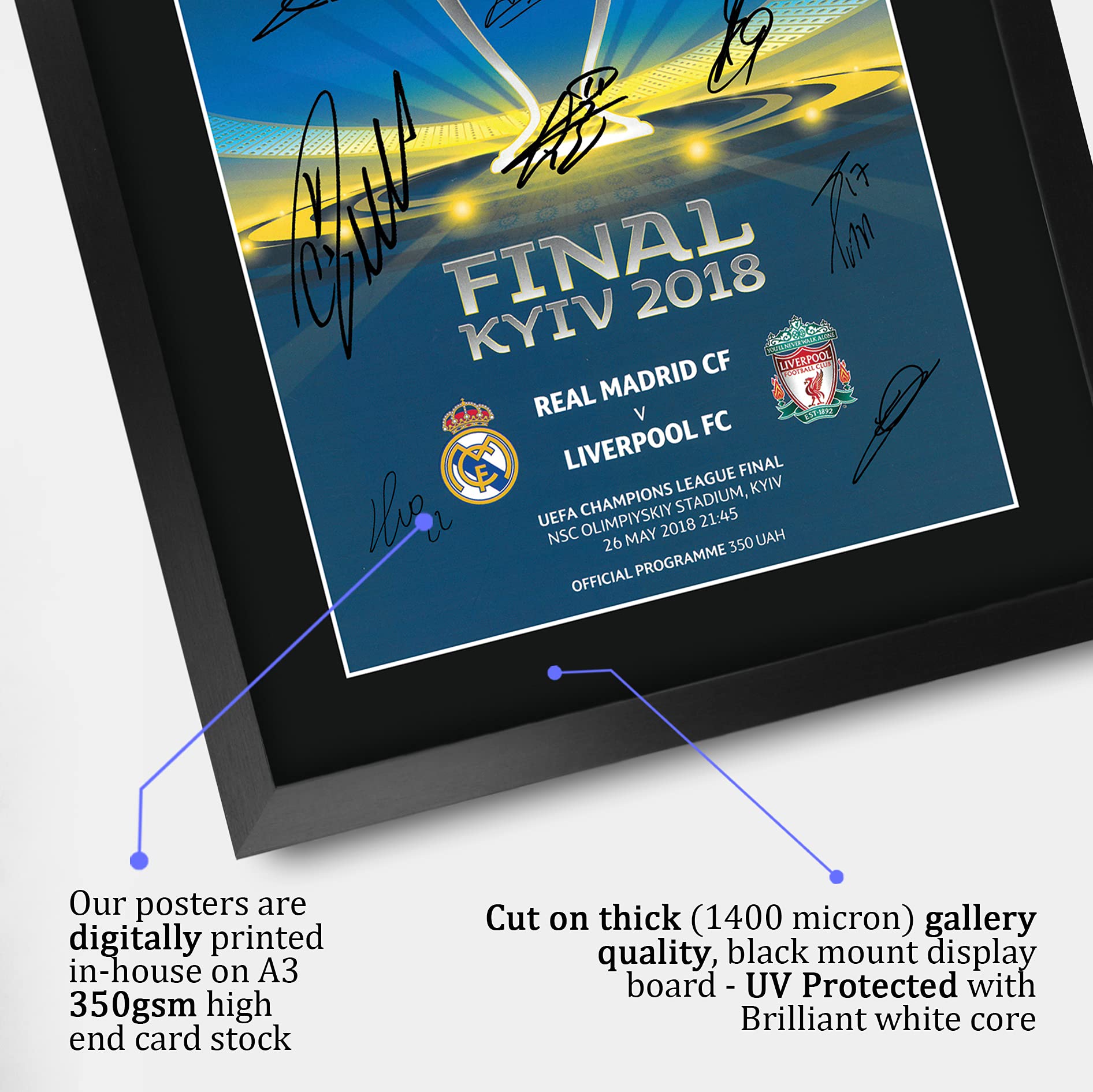 HWC Trading FR A3 Real Madrid 2018 Champions League Final Programme Drukowane Pamiątki Sygnowane Autografami Plakat Dla Kibiców I Kibiców Piłki Nożnej - A3 Oprawiony