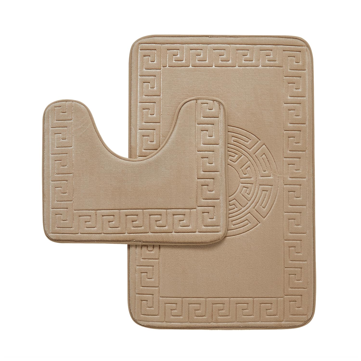 GC GAVENO CAVAILIA Memory Foam Bath Mat Non Slip - Extra Soft Highly Water Absorbent Bathroom Mat Sets 2 Piece - Greek Toilet Rug (50 x 80 cm) & Pedestal Set (50 x 40 cm) - Washable - Natural