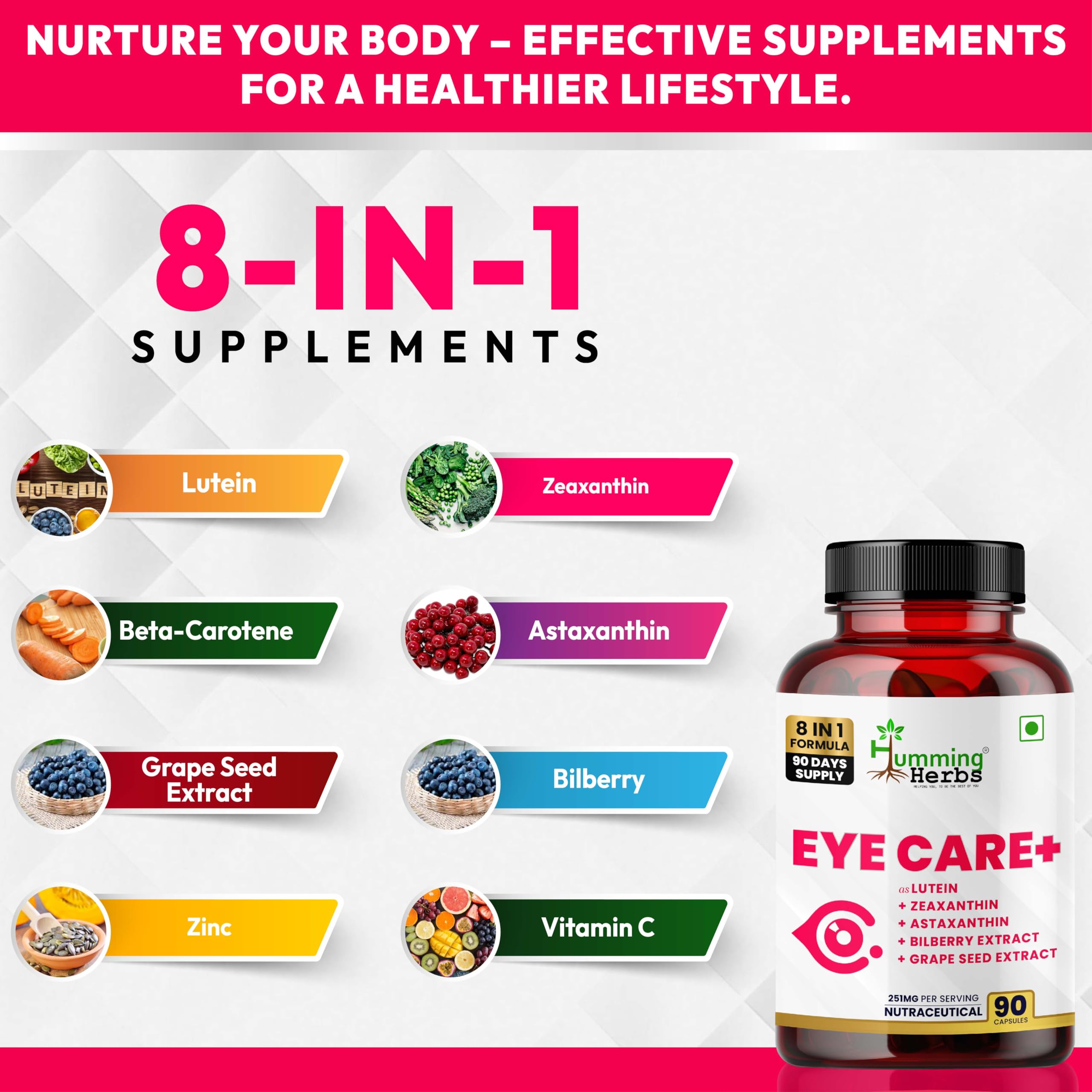Humming Herbs Eye Care+ Supplement 8-in-1 with Lutein Zeaxanthin Astaxanthin Bilberry Grape Seed Zinc Vitamin C & Beta-Carotene – Vision & Eye Health Support – 90 Veg Capsules — Amazon image 5