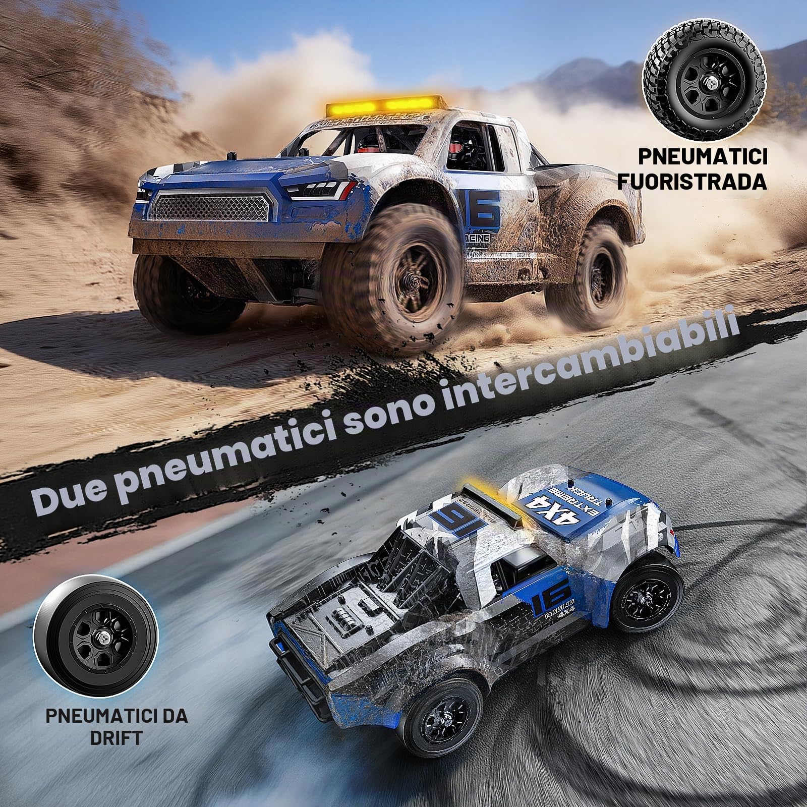 Macchina telecomandata professionale 2,4GHz,Monster Truck RC 1/16, Veicolo Fuoristrada 4WD Resistente all’Acqua con Doppie Batterie, Pneumatici Drift e Off-Road, Trasmissione in Metallo e Luci LED