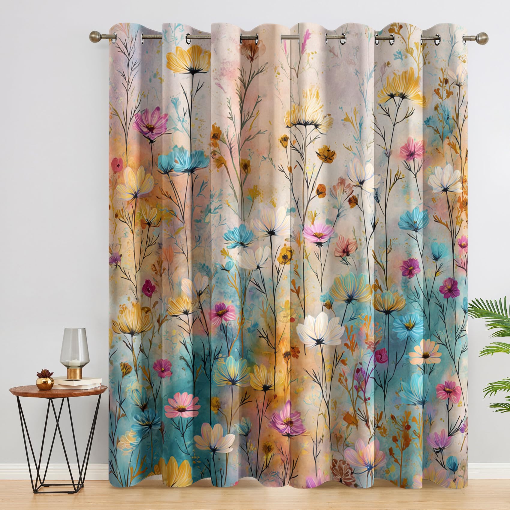 Rideau Fleuri Occultant Motif Abstrait Fleurs Rideaux Chambre Salon Cuisine Fenêtre 110 x 215 cm, Oeillets Rail Rideaux Occultants Thermique