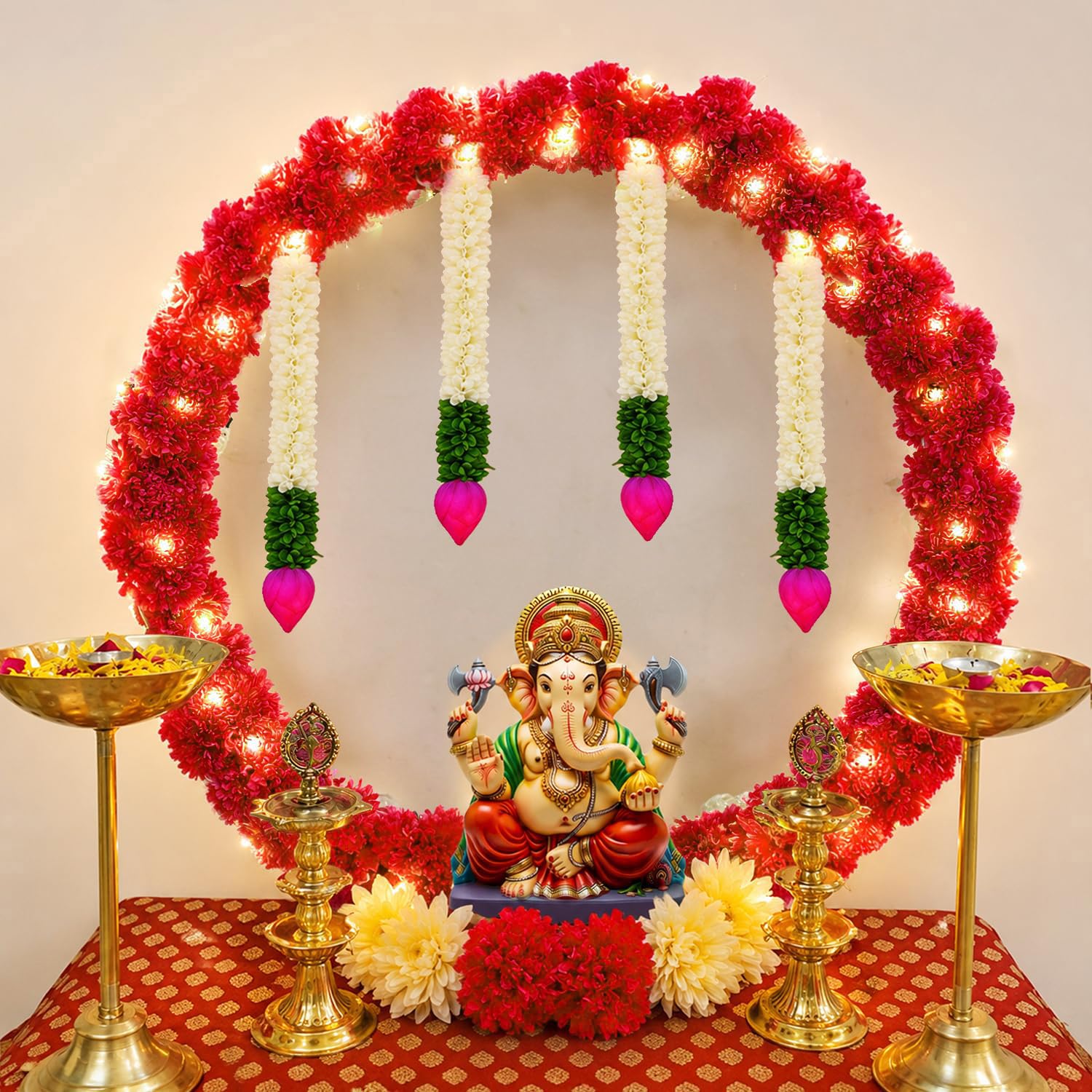 SpecialYou Pink Marigold Lotus Stand for Ganesh Decoration Item for Home, White Round Stand for Ganesh Chaturthi Backdrop with 4 Marigold and 4 Lotus Buds, Festival Decor Set of 10-picture-14