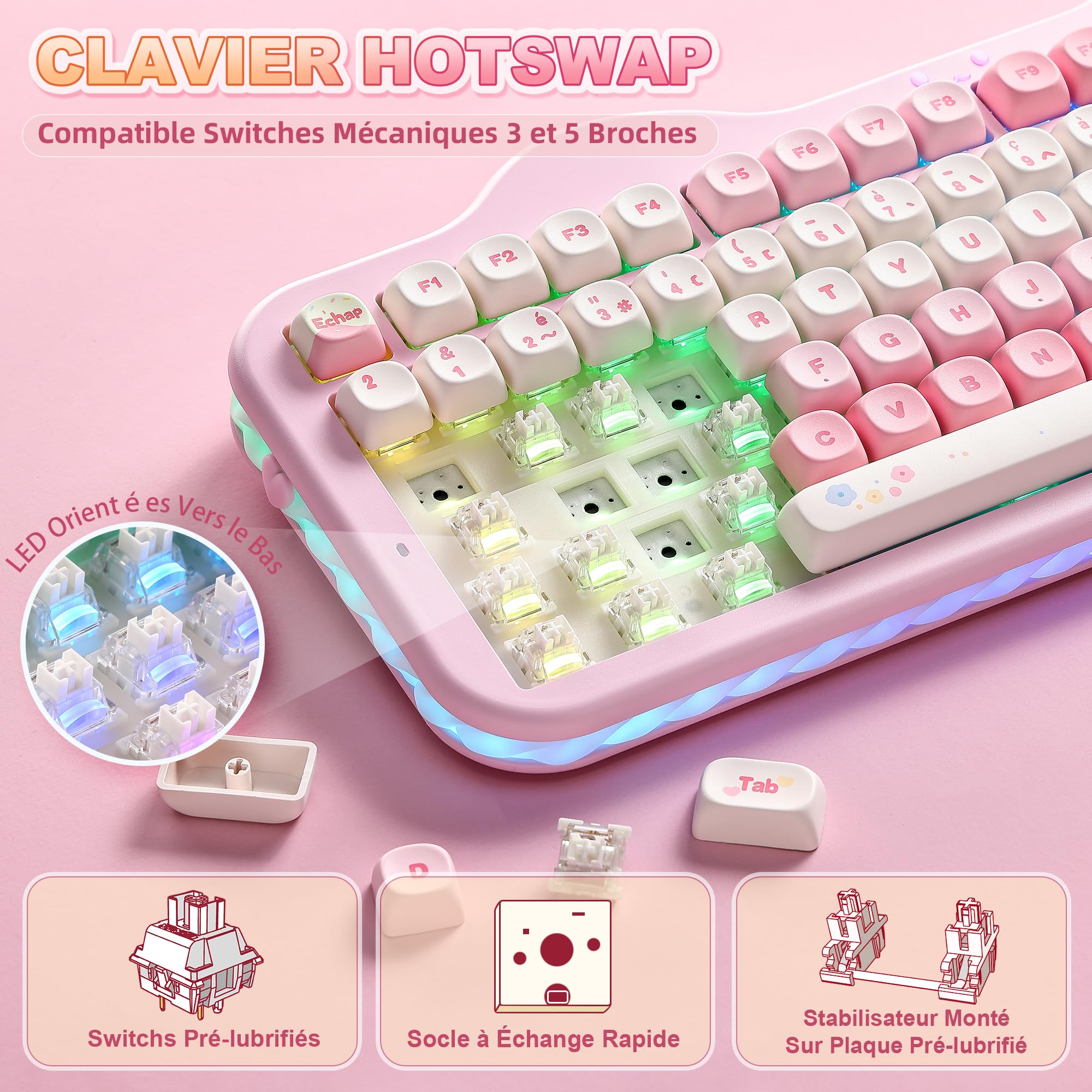 YUNZII C98 AZERTY Clavier Gamer Mécanique sans Fil Gâteaux (Rose, Milk V2)
