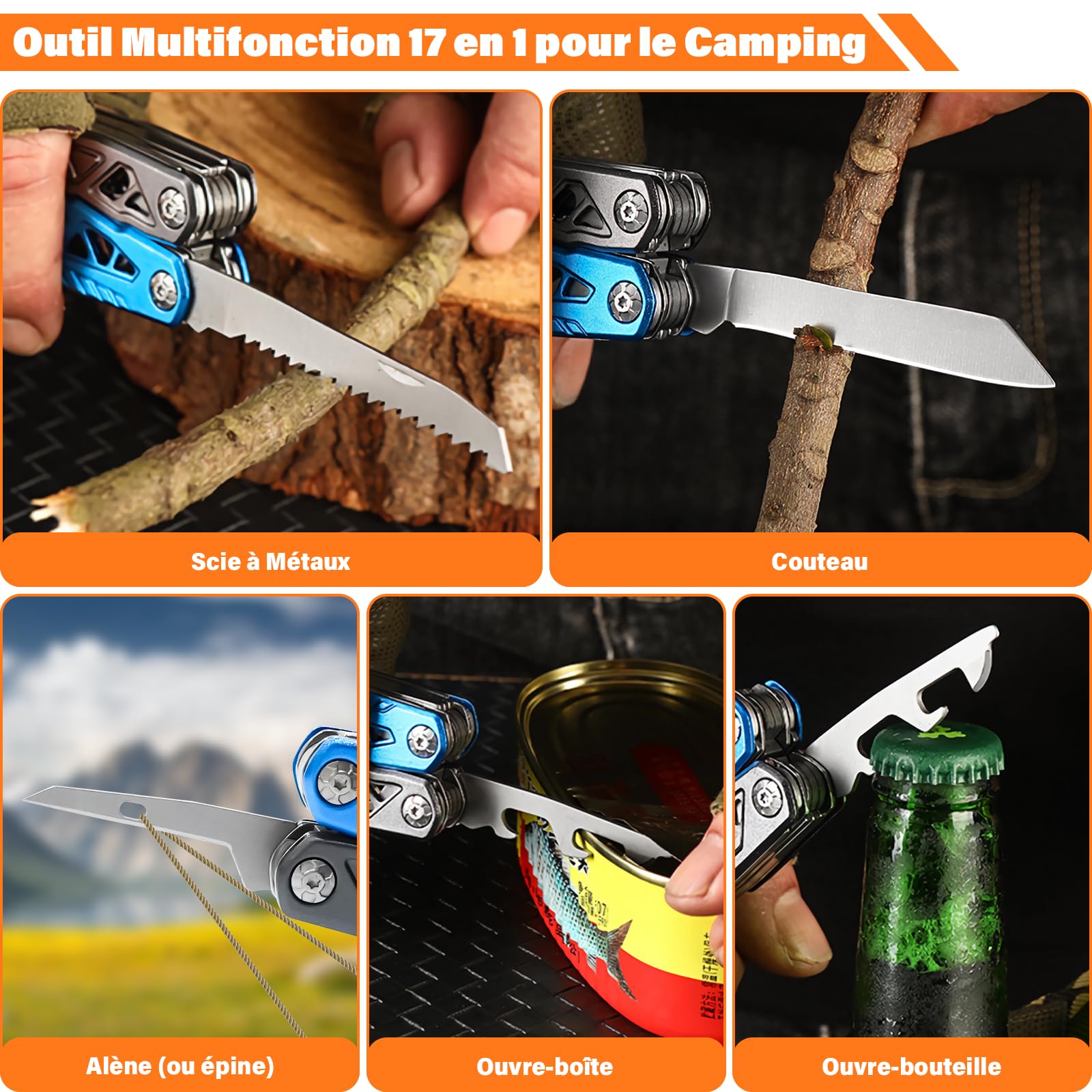 Pince Multifonction en Acier Inoxydable 17 en 1, Couteau Multifonction avec Sac, Outil Multitool Scie Embouts Tournevis Ouvre-Bouteille pour Camping, Extérieur, Randonnée, Survie, Réparation