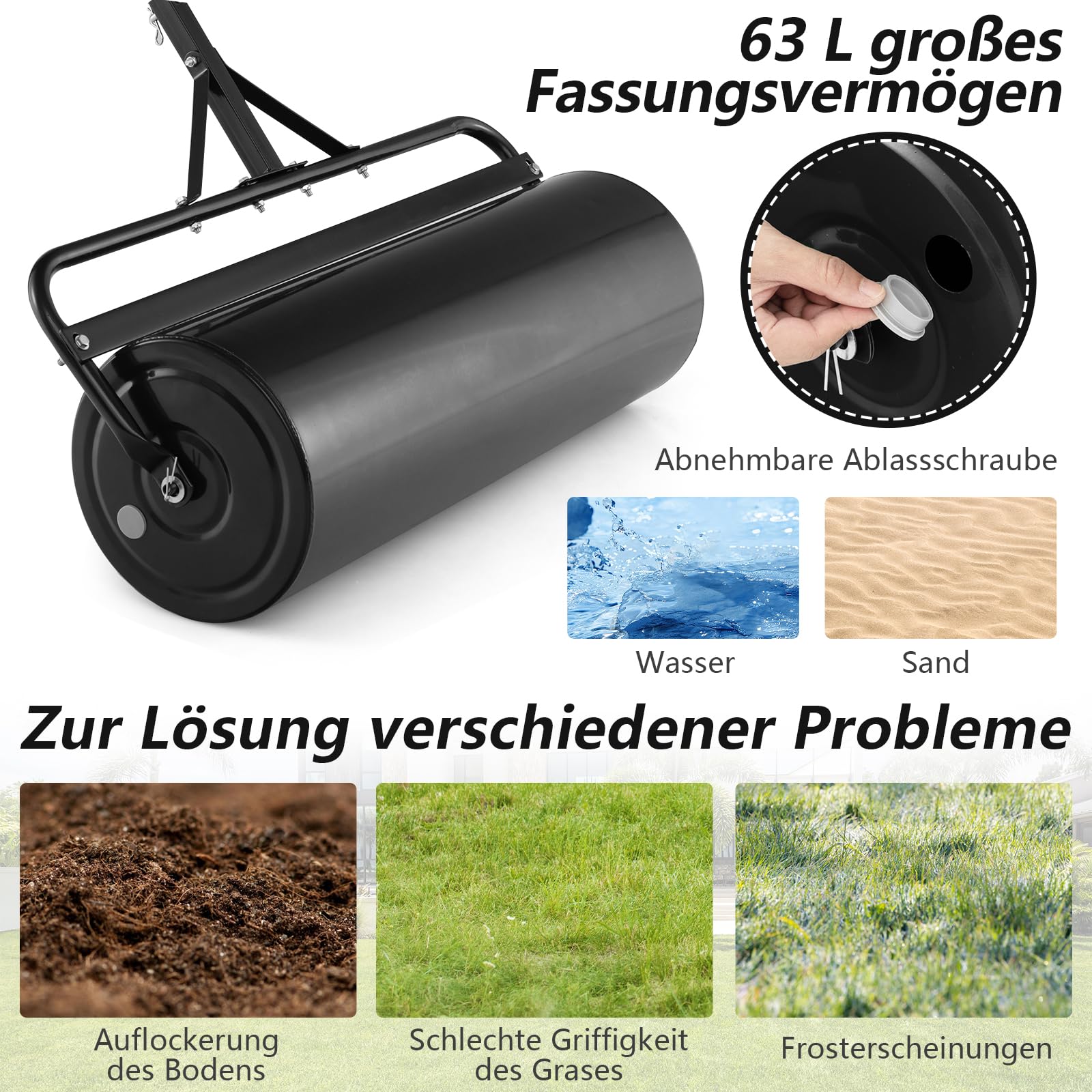 RELAX4LIFE 63L Bodenwalze, Ø 30 cm Gartenwalze Metall, Rasenwalze mit U-förmigem Griff, Handwalze Befüllbar mit Wasser/Sand, 3-in-1 verwendbare Rasenrolle, Füllvolumen für Boden Wiese Frost (Schwarz)