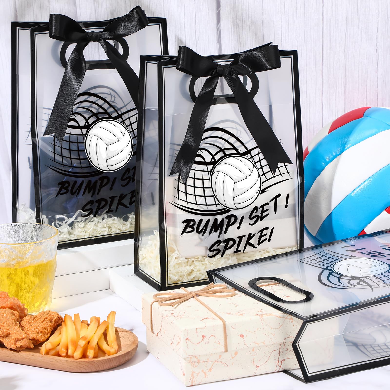 Aliceset 12 Pcs Volleyball Clear Goodie Bag with Die Cut Handles and Ribbons Sport Theme Party Favor Bags for Volleyball Team Snack Wrapping Teamer Gifts Birthday Party Treats Supplies, 7x10x3.15 Inch