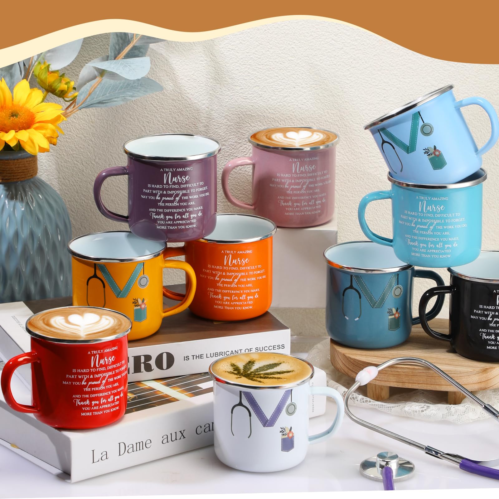 Hushee Juego de tazas de café motivacionales de 12 onzas con asa, vaso esmaltado para graduación, estudiante, médico, escuela, agradecimiento, regalo de agradecimiento (multicolor, 10 piezas)