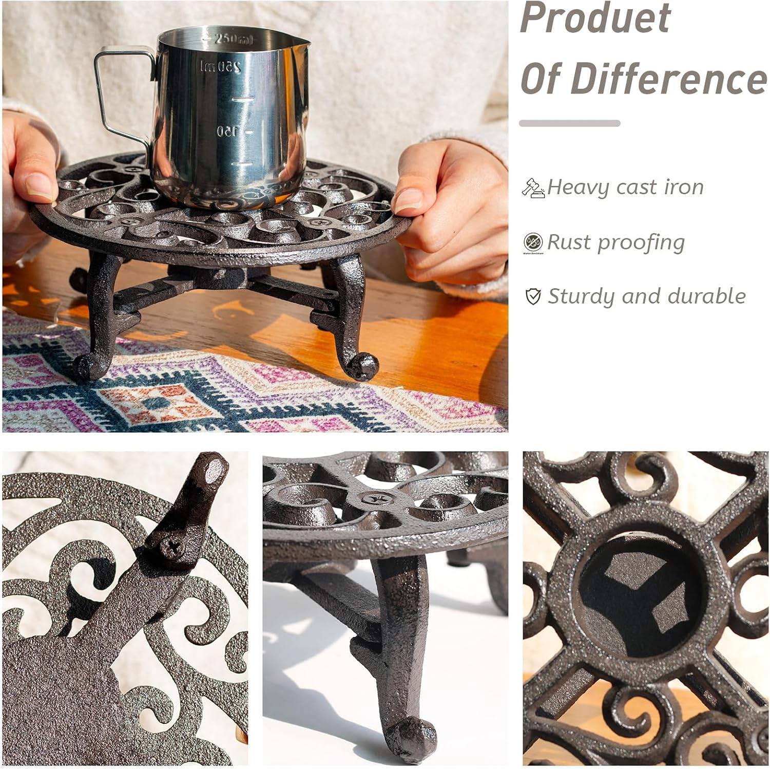 7 Inches Cast Iron Teapot Warmer Dish Cups Trivet,Round-Shaped Design with Tealight Holder - Heavy Duty & Decorative Candle Holder Stands for Heat Food Coffee Milk or Tea