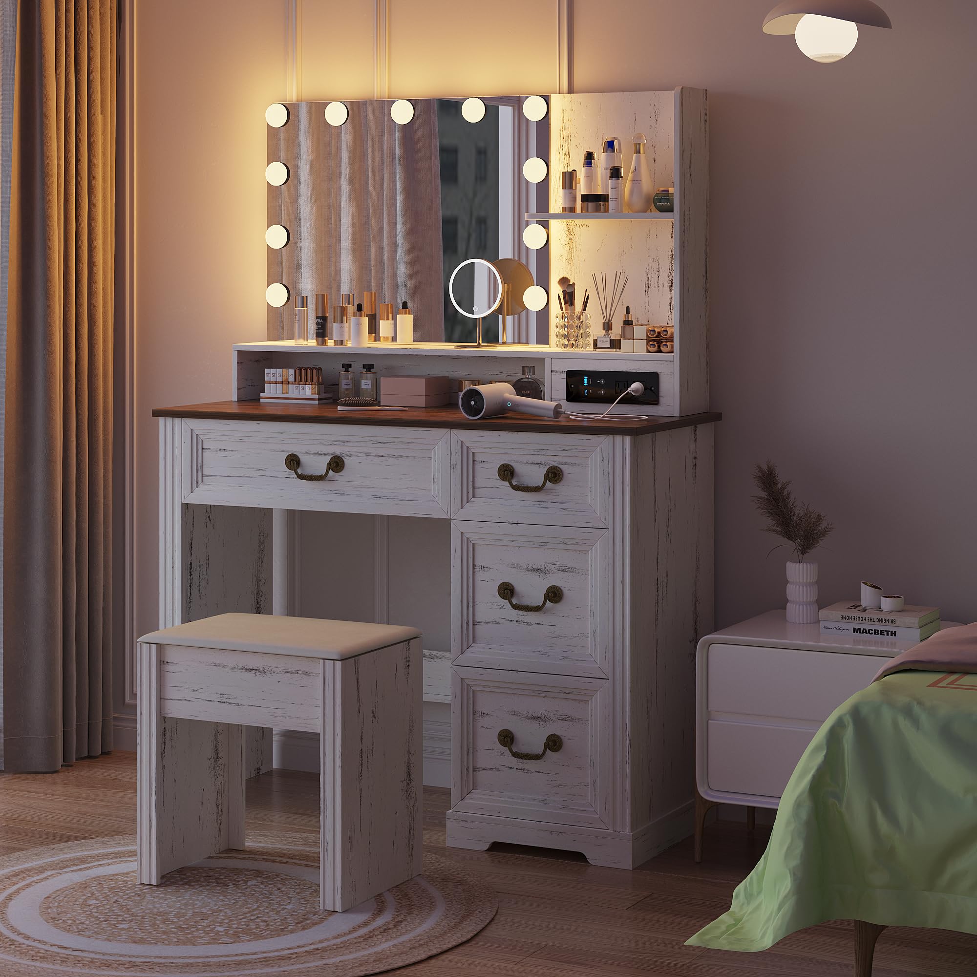 Lareth Vanity Desk with Mirror Light and Power Outlet, Farmhouse Makeup Table Set with Stool, 3 Color Adjustable Lights Bedroom Dressing Table with 4 Drawer for Women Girls Teen, Antique White