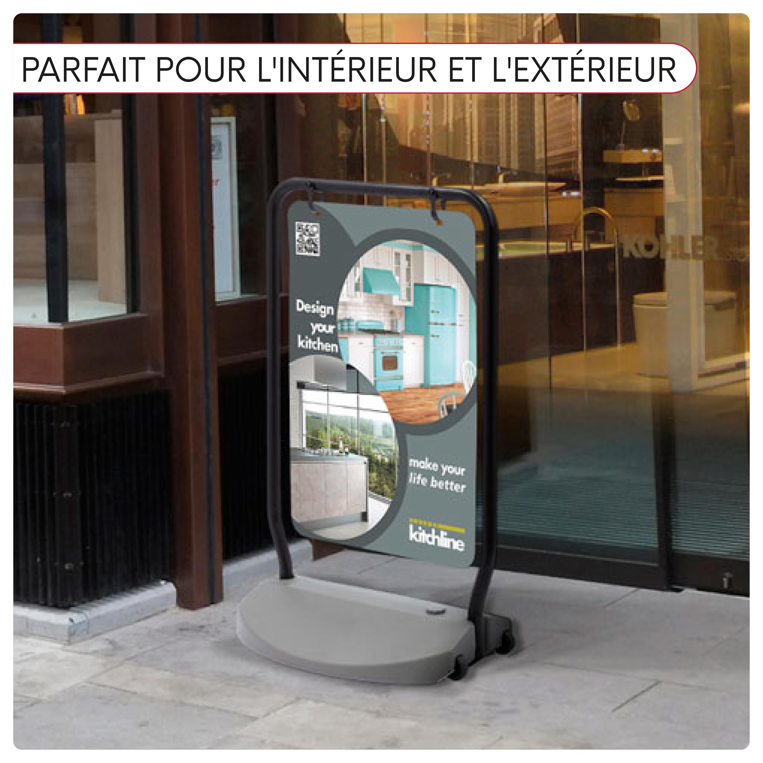 Support publicitaire extérieur avec base rechargeable et roues | Présentoir sur pied avec graphique double face | Affiche pour magasins, foires et événements en plein air