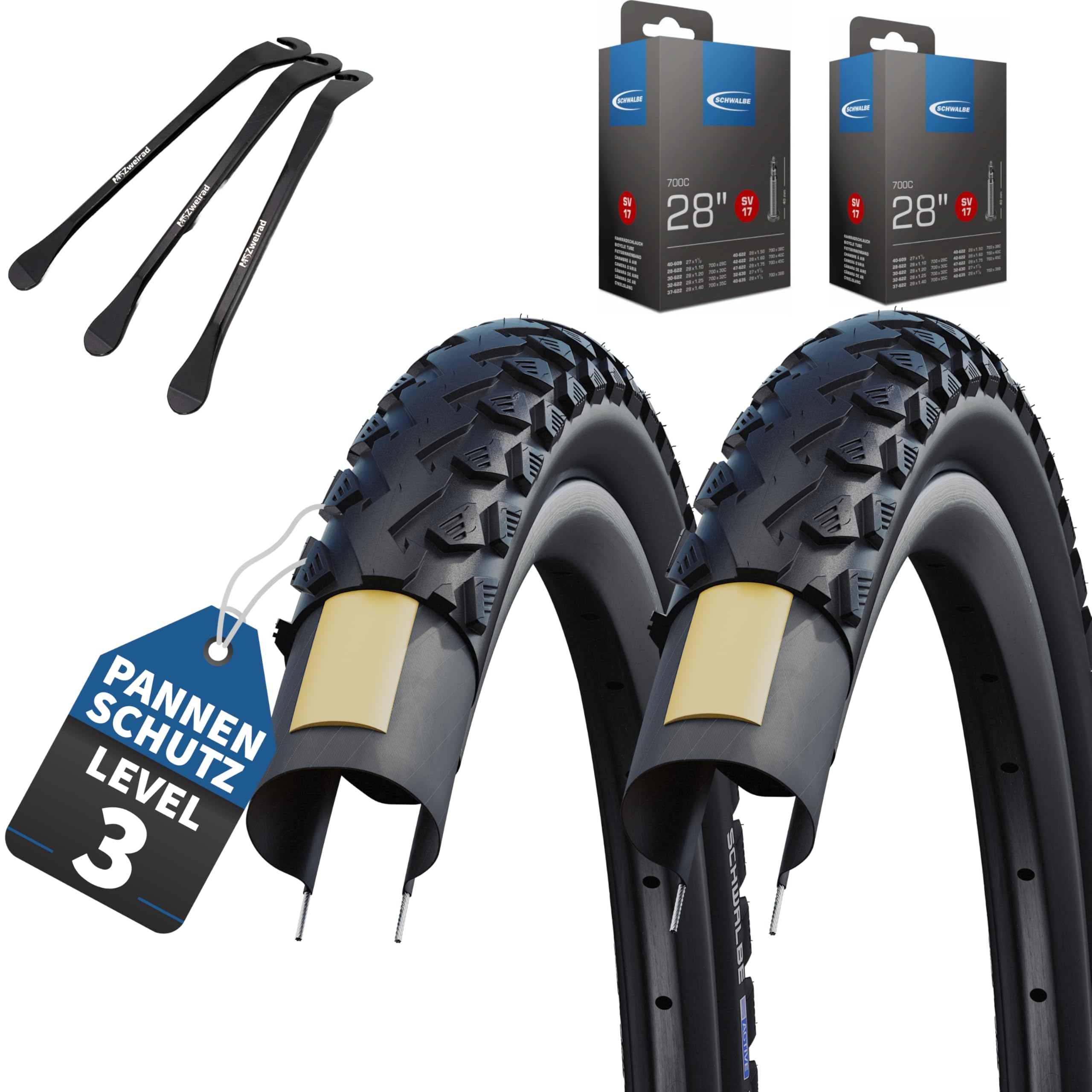 2er Set Schwalbe Fahrradreifen Land Cruiser 28 Zoll, Verschiedene Breiten mit wählbar zusätzlich AV, DV, SV-Schläuche + 3 Metall Reifenheber E Bike (SV-Ventil Schläuche, 28x1,75 Zoll (47-622))