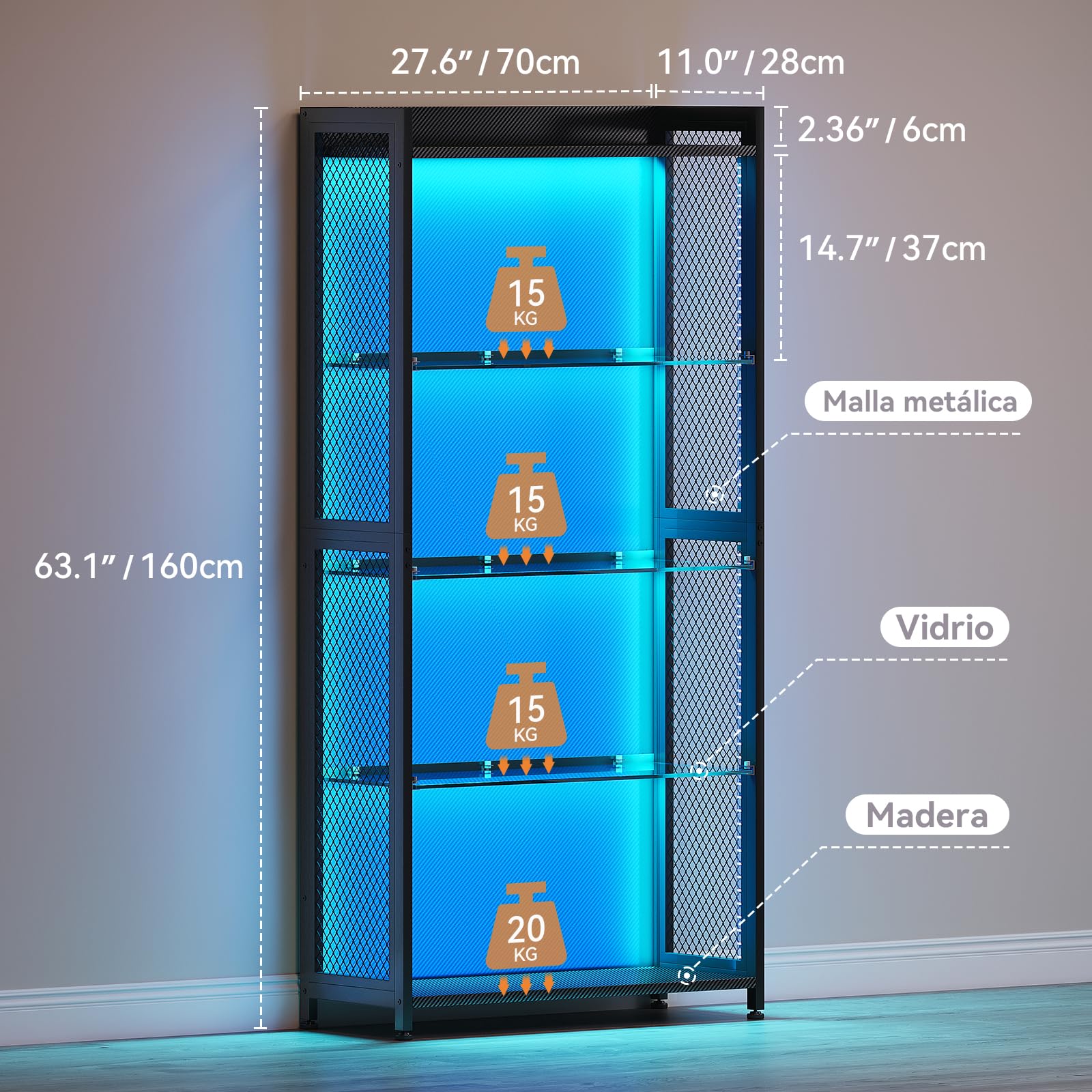 Coleshome Vitrina LED RGB Cristal, Expositor Metálico, 160cm, Negro | Montaje Fácil Rejilla Industrial Acero Cristal Templado Abierto Multifunción Salón Gaming Oficina