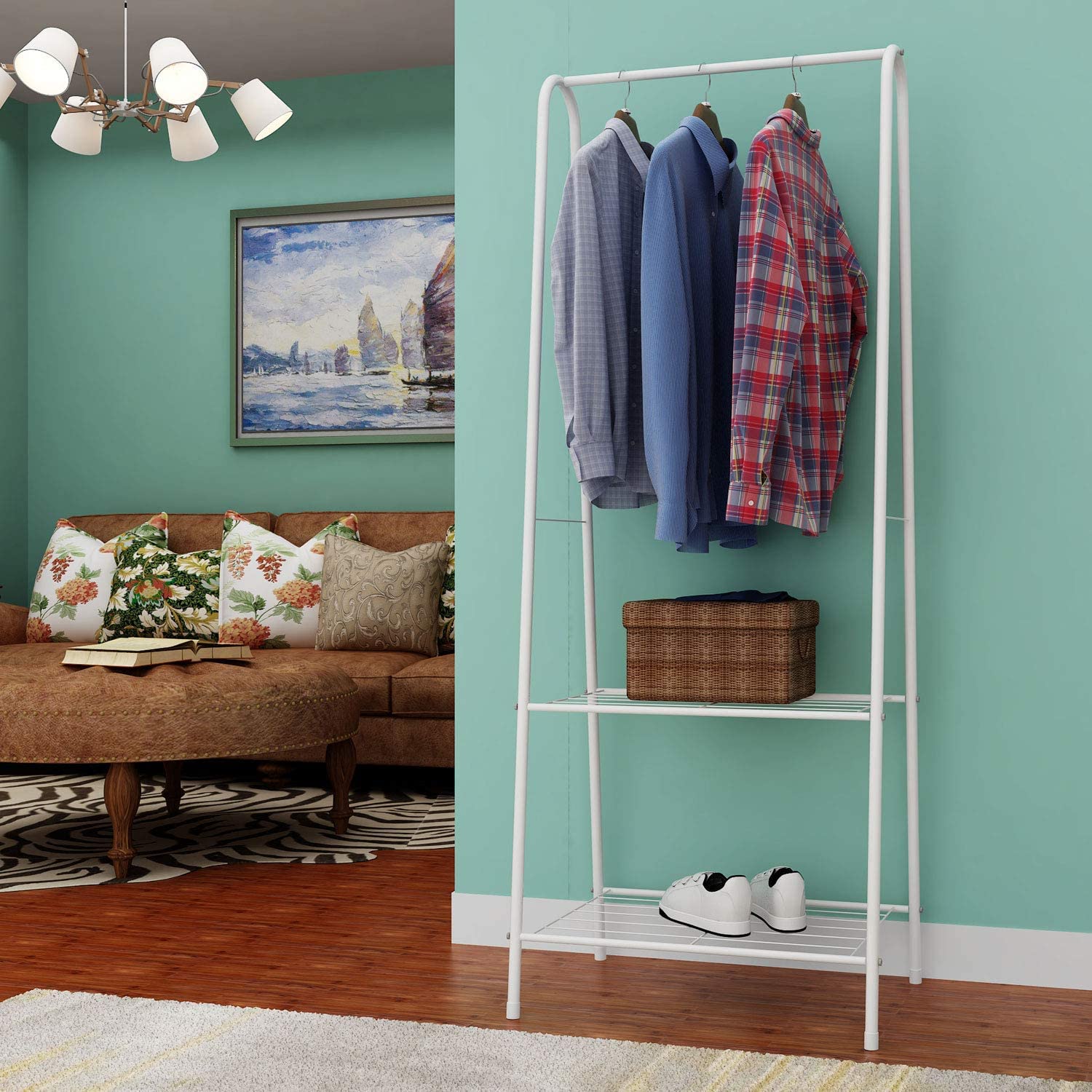 Lukzer Metal Garment Stand Storage Organizer with 2 Bottom Shelves - Multipurpose A-Shaped Clothes Hanger (White, 151.5 x 33.5 x 60.2 cm) (B07W7RSNF2) Amazon Price History, Amazon Price Tracker