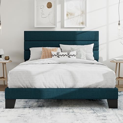 SHA CERLIN Queen Platform Bed Frame with Upholstered Fabric Headboard, Mattress Foundation with Strong Wooden Slats Support, No Box Spring Needed, Blue